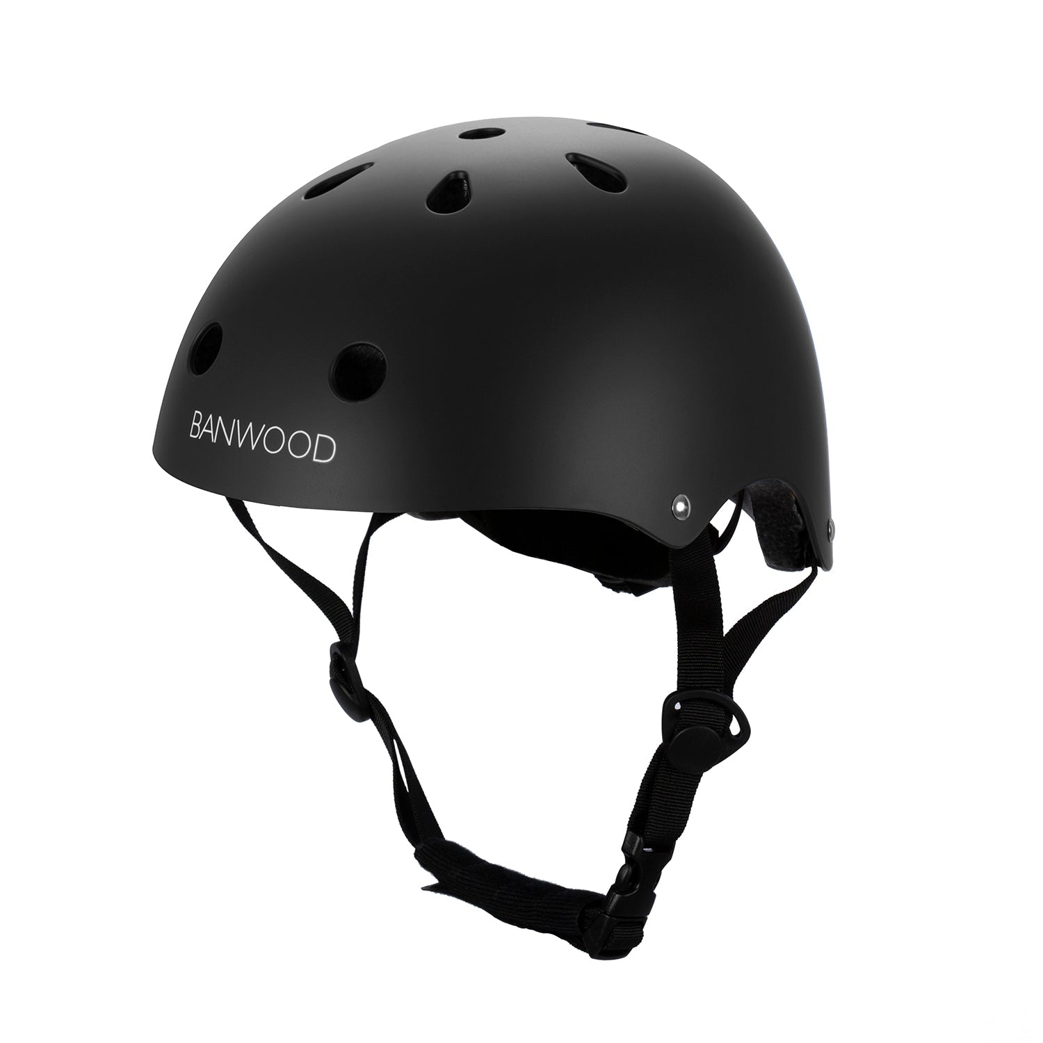 The Banwood - Classic Helmet Black - S for kids offers protection with air vents, an adjustable fit, a secure chin strap, and displays the BANWOOD brand on the side.