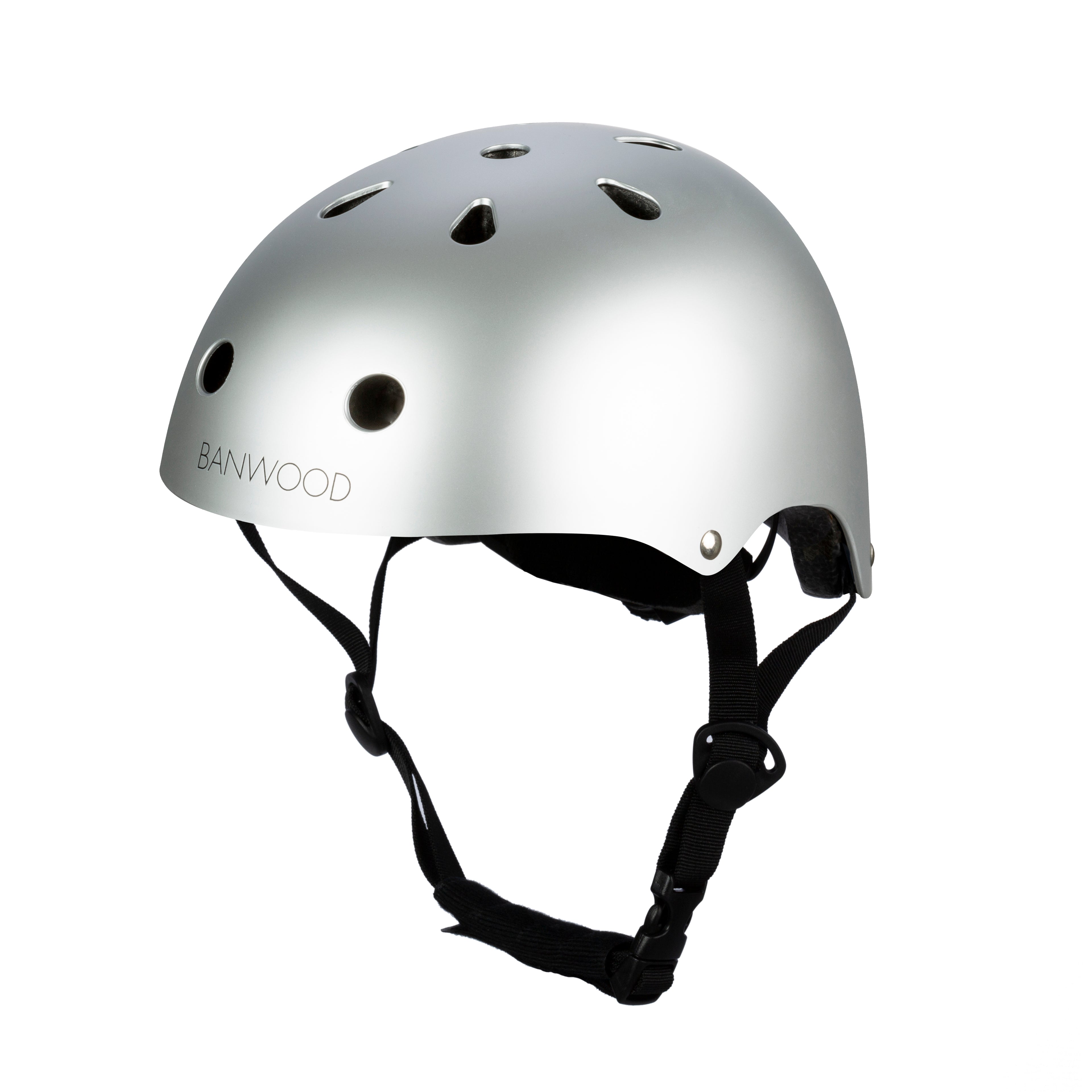 The Banwood Classic Helmet Chrome - XS is a silver children's bike helmet with ventilation holes and black adjustable straps, featuring "BANWOOD" on the side. It includes a protective inner foam lining and is set against a plain white background for a classic touch.
