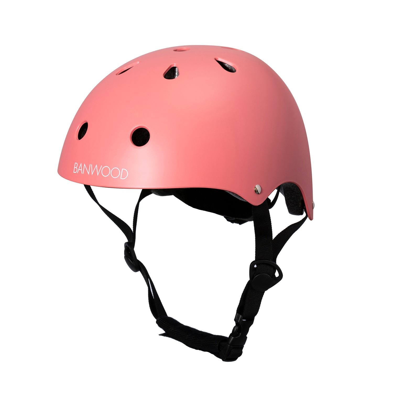 The Banwood Classic Helmet Coral - S offers excellent protection with ventilation holes, a pink design, and a black adjustable chin strap. The brand name "BANWOOD" is displayed in white on the side for style and safety.