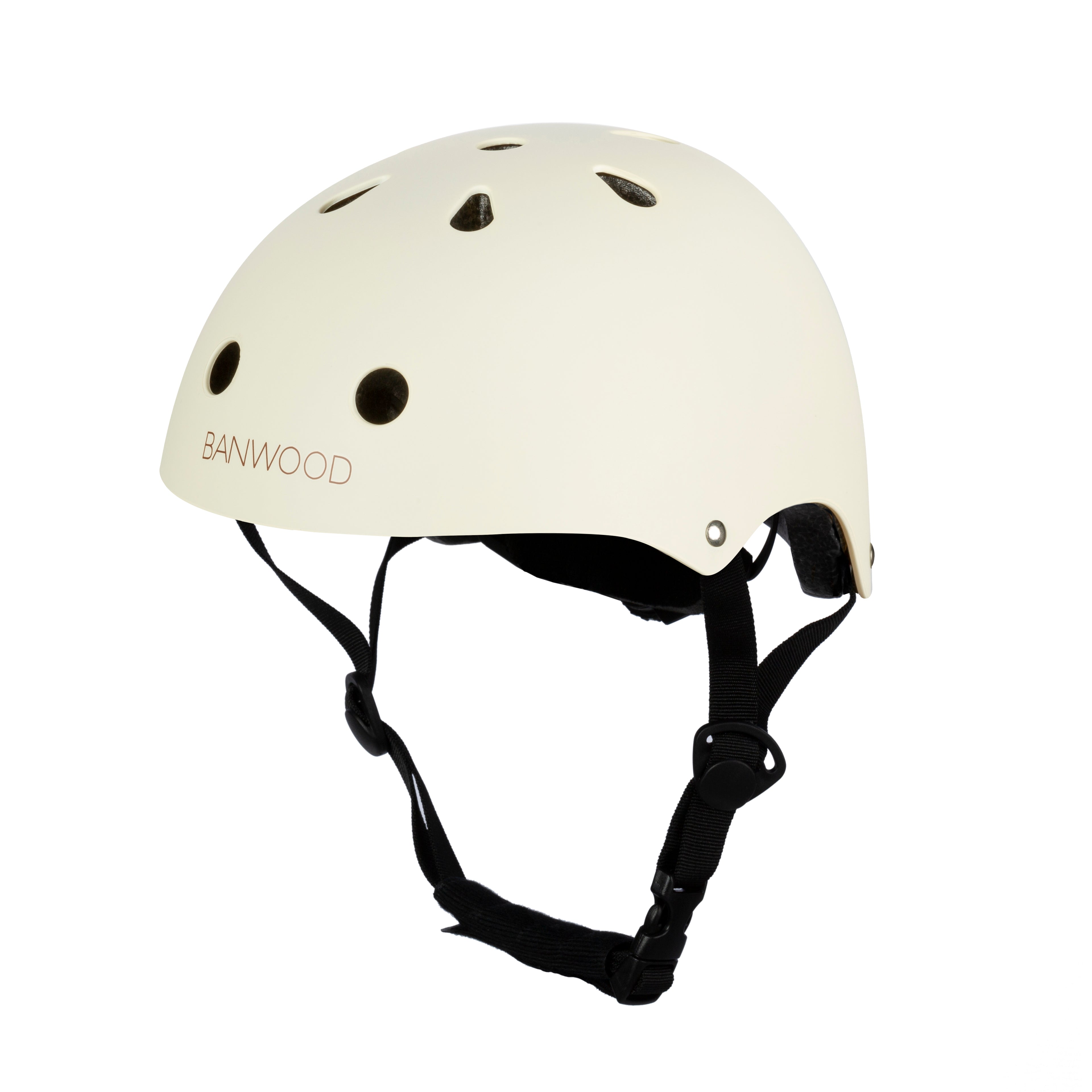 The Banwood Classic Helmet in cream (size XS) features black adjustable straps and multiple ventilation holes for protection and safety. The brand name "BANWOOD" elegantly appears on the side, ensuring an adjustable fit for young riders.