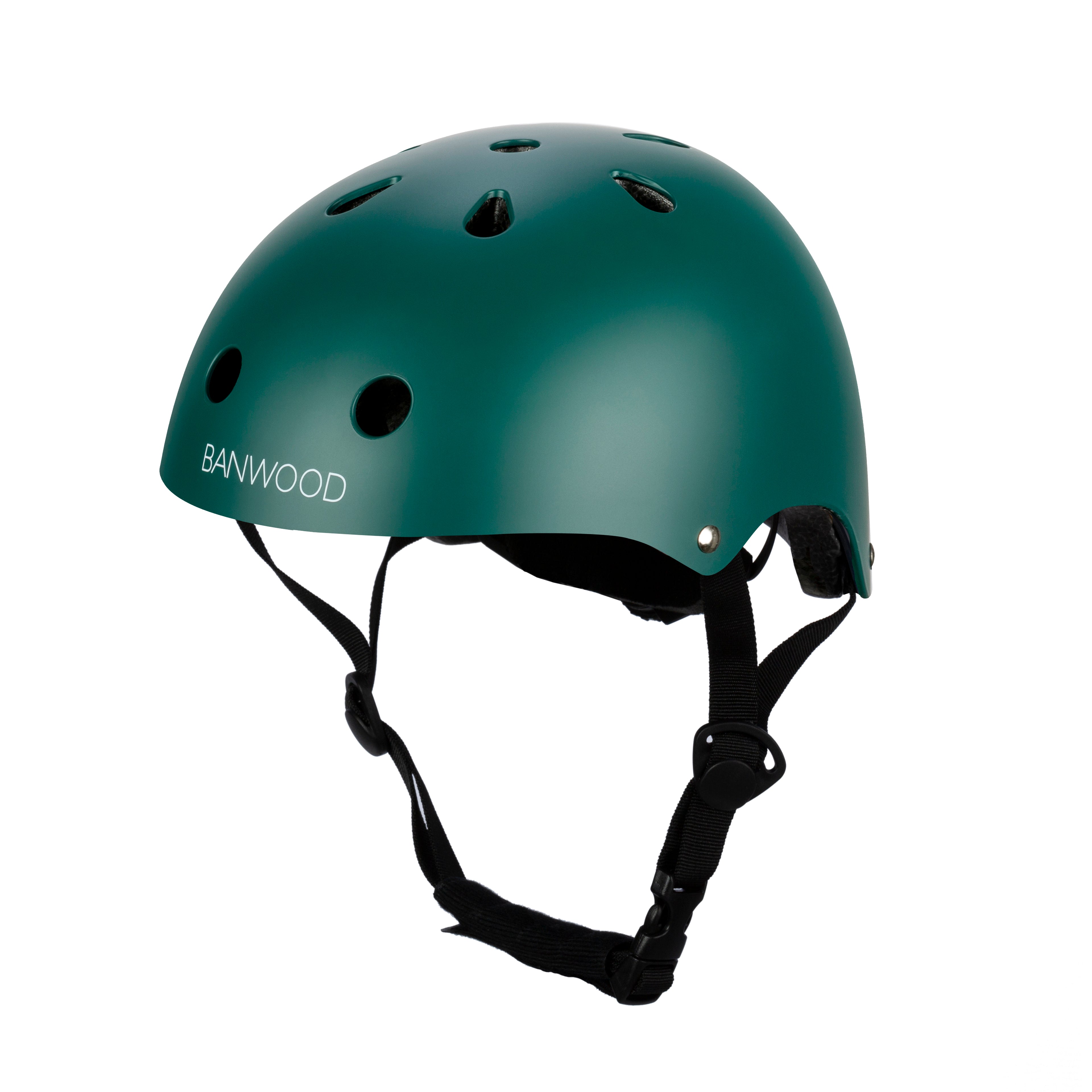 A dark green children's bike helmet with ventilation holes, black adjustable straps, and "BANWOOD" on the side.
