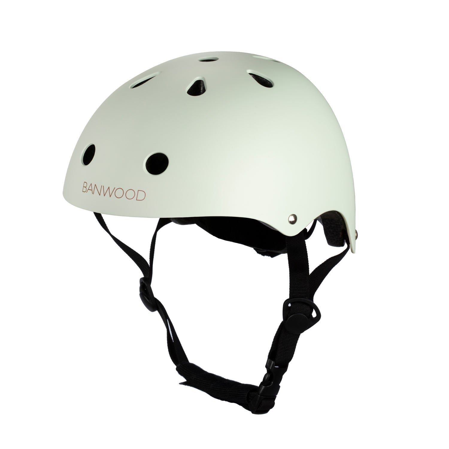 A Banwood Classic Helmet in Pale Mint features multiple ventilation holes, adjustable black straps, and the "BANWOOD" logo on the side. This children's XS bike helmet is displayed against a plain white background.