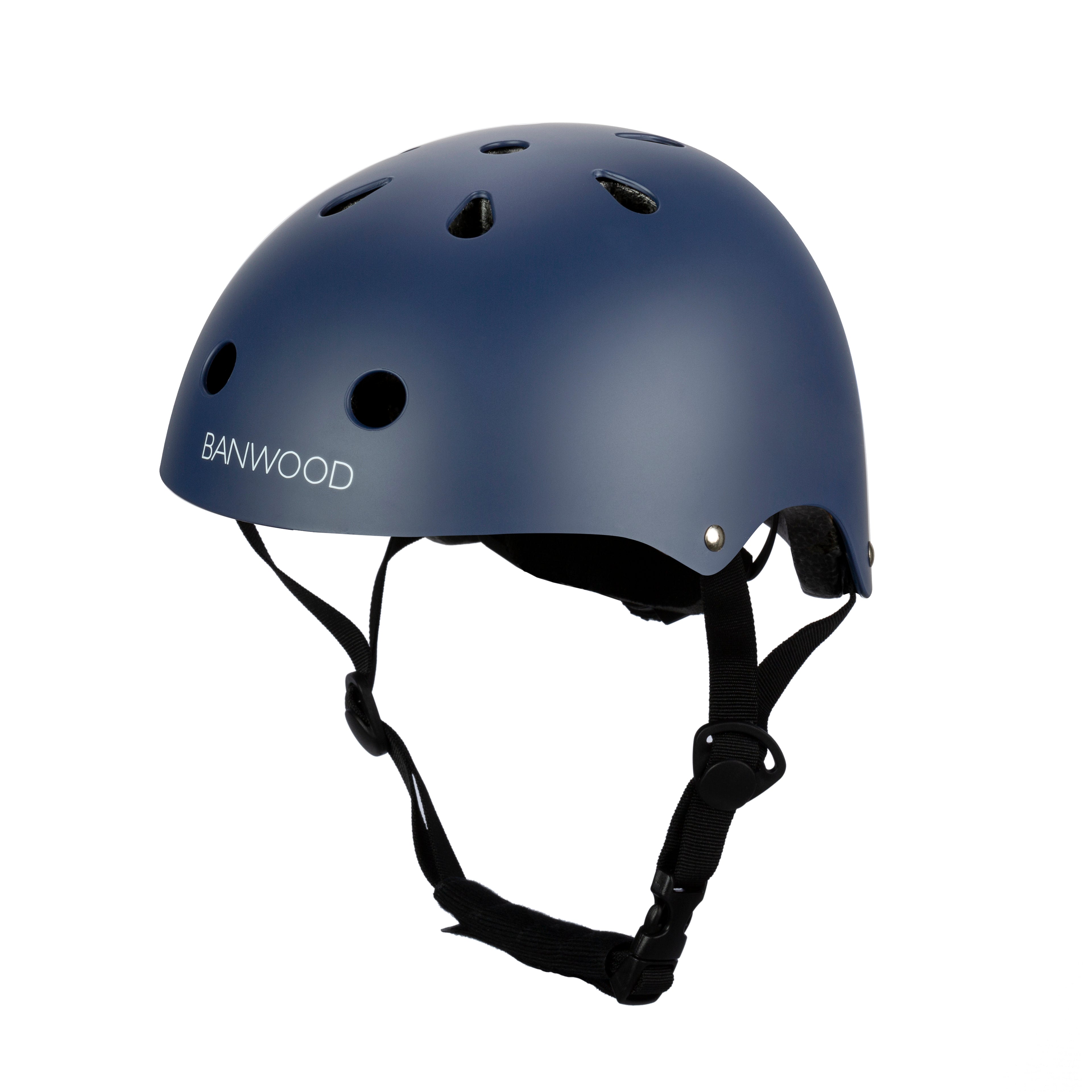 The Banwood Classic Helmet in navy blue, size XS, offers adjustable black straps and ventilation holes for optimal protection. "BANWOOD" is printed in white on the front, with the helmet displayed against a white background.