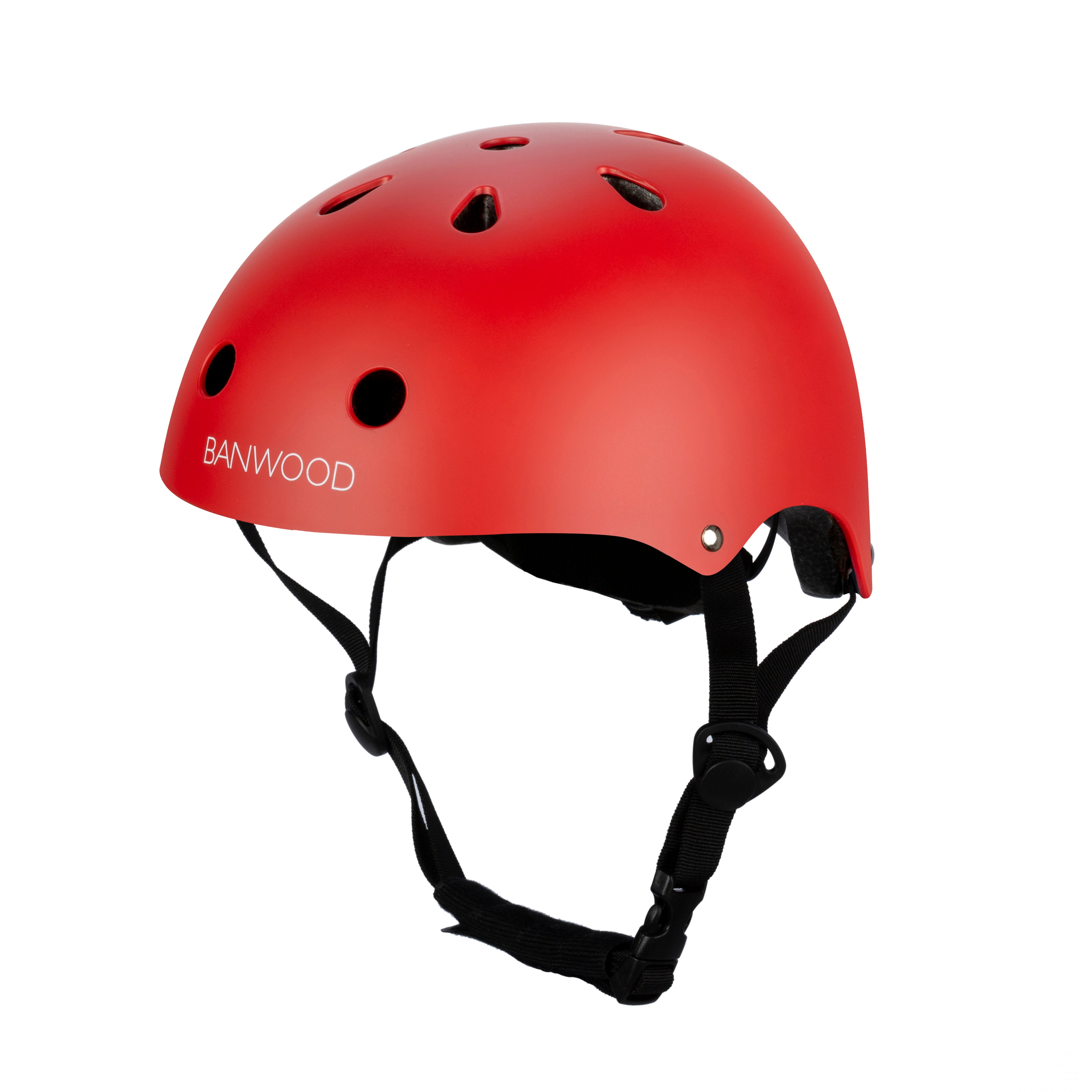 The Banwood Classic Helmet Red - XS features black adjustable straps and ventilation holes. With a smooth finish, this expertly designed BANWOOD helmet ensures safety and a comfortable fit for children.