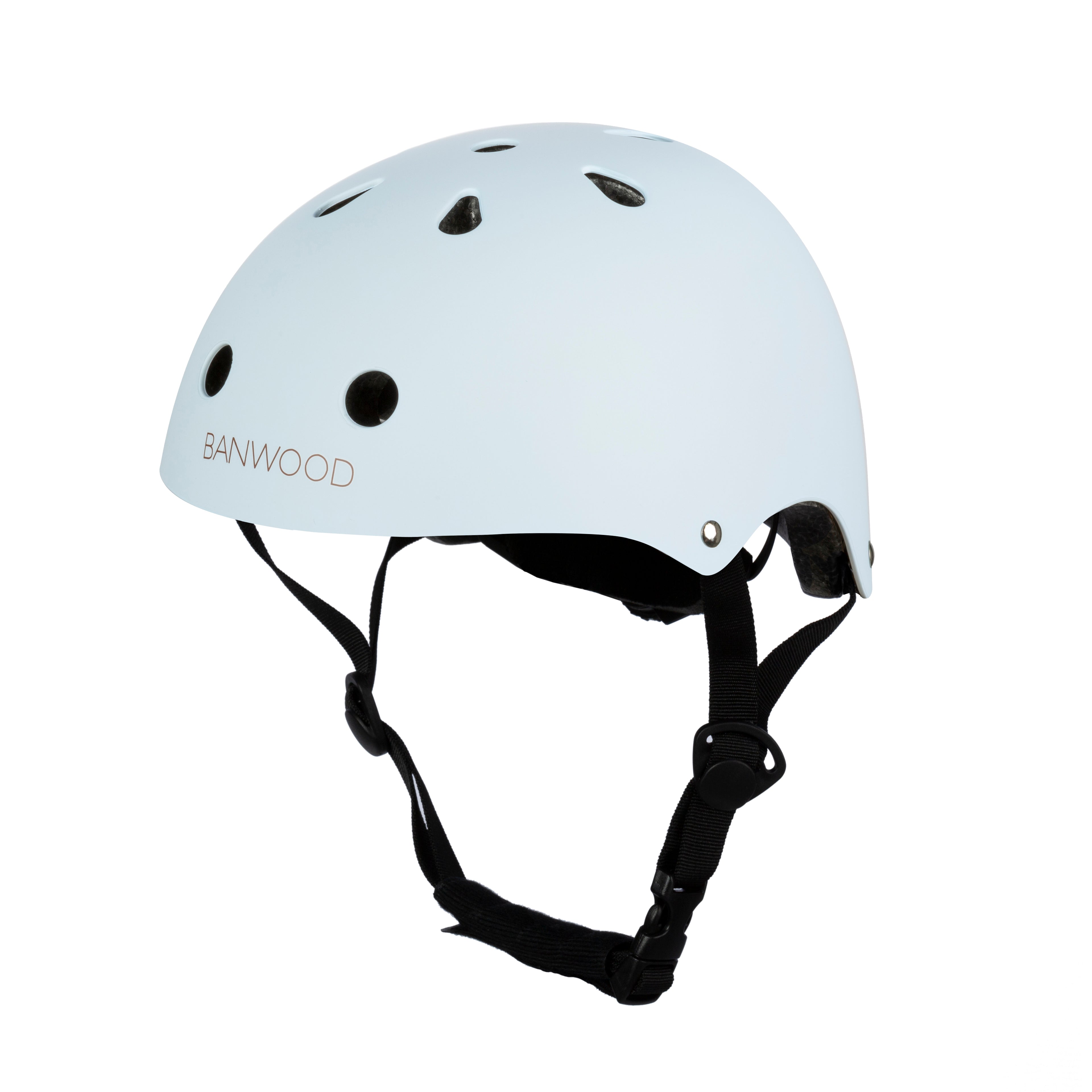 A light blue Banwood children's bike helmet, featuring ventilation holes and adjustable black straps. "BANWOOD" is printed on the side, ensuring style and safety for young riders.