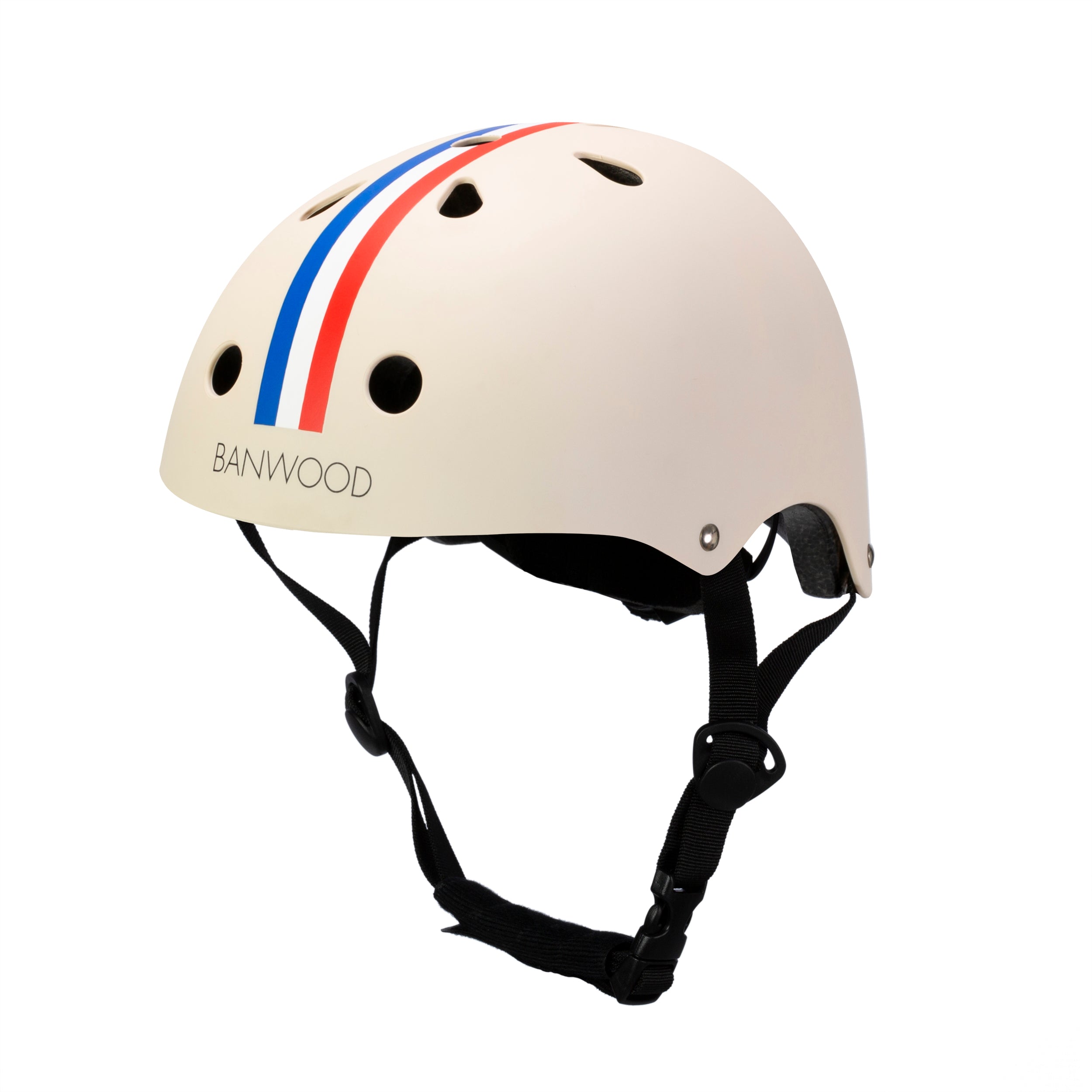 The Banwood Classic Helmet Stripes XS is a cream-colored children's bike helmet with a red, white, and blue stripe design. It features ventilation holes, an adjustable black chin strap, and "BANWOOD" printed in black on the front for stylish protection during adventures.
