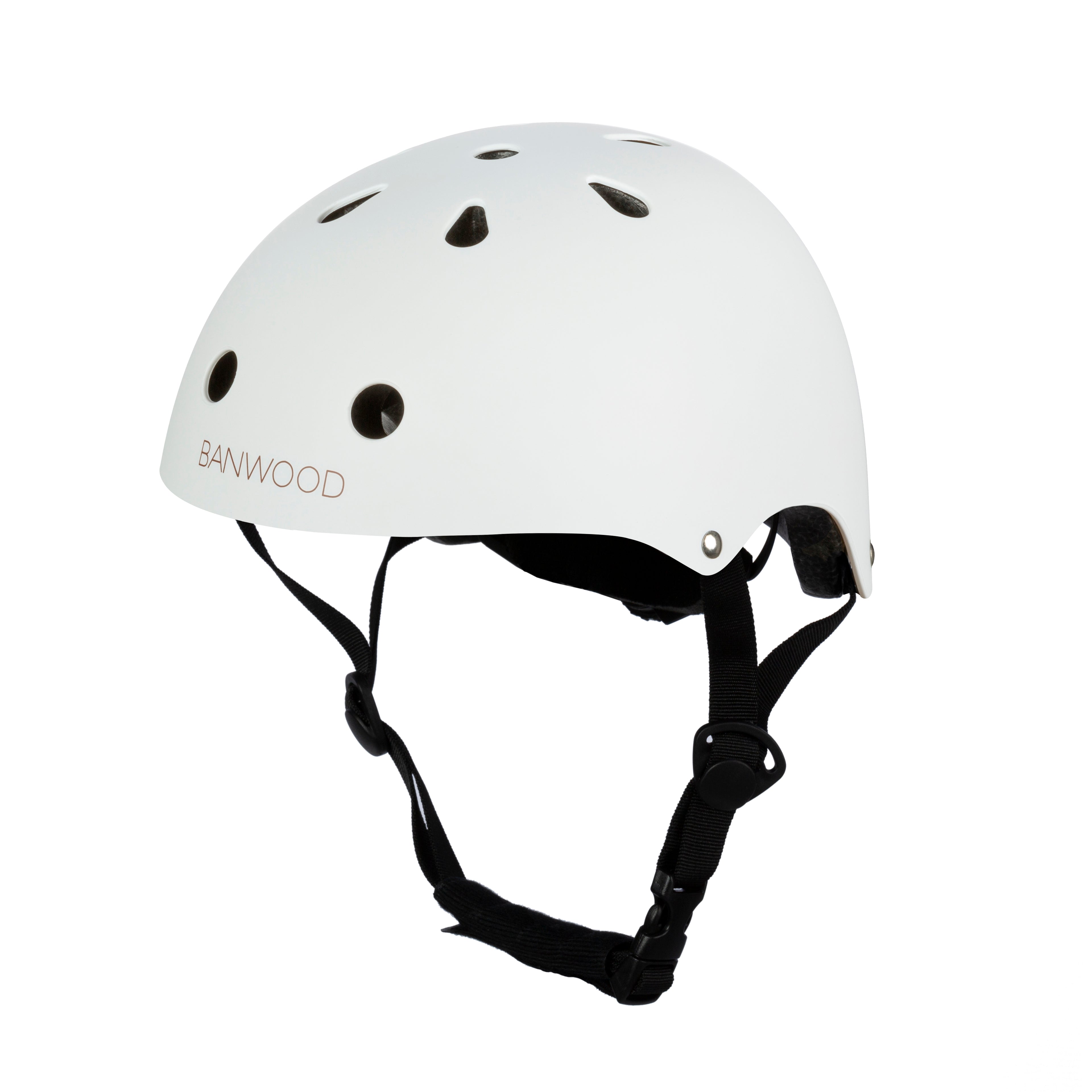 The Banwood - Classic Helmet White - XS by BANWOOD is made from durable ABS, featuring multiple ventilation holes and an adjustable black chin strap on a plain white background.