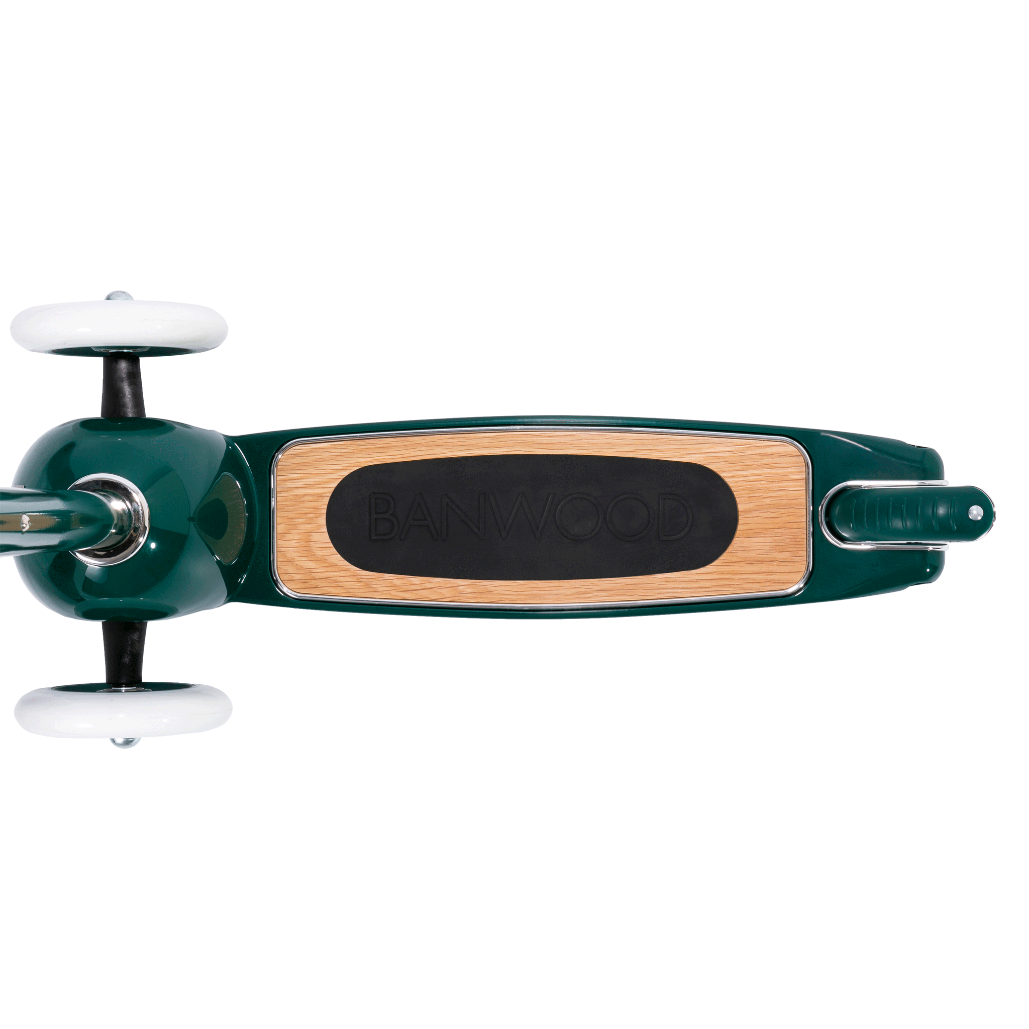 A top view of the Banwood - Scooter Green shows its white wheels, a wooden deck with a black "BANWOOD" grip pad, and handlebars featuring Easy Ride Steering.