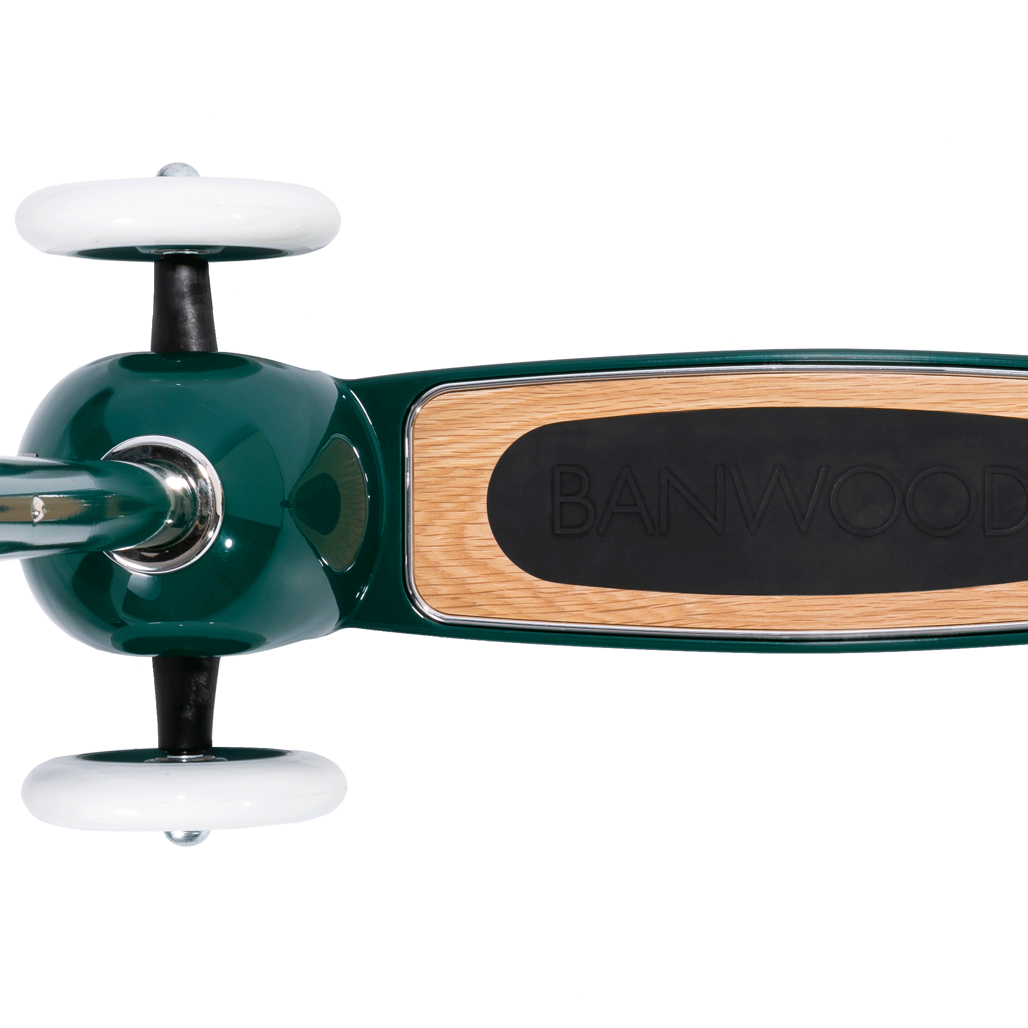 The Banwood - Scooter Green features a top view of a green kids scooter with a wooden deck, branded "BANWOOD" in black letters, and two white wheels. Its sleek minimalist design includes Easy Ride Steering for smooth gliding, perfect for young riders.