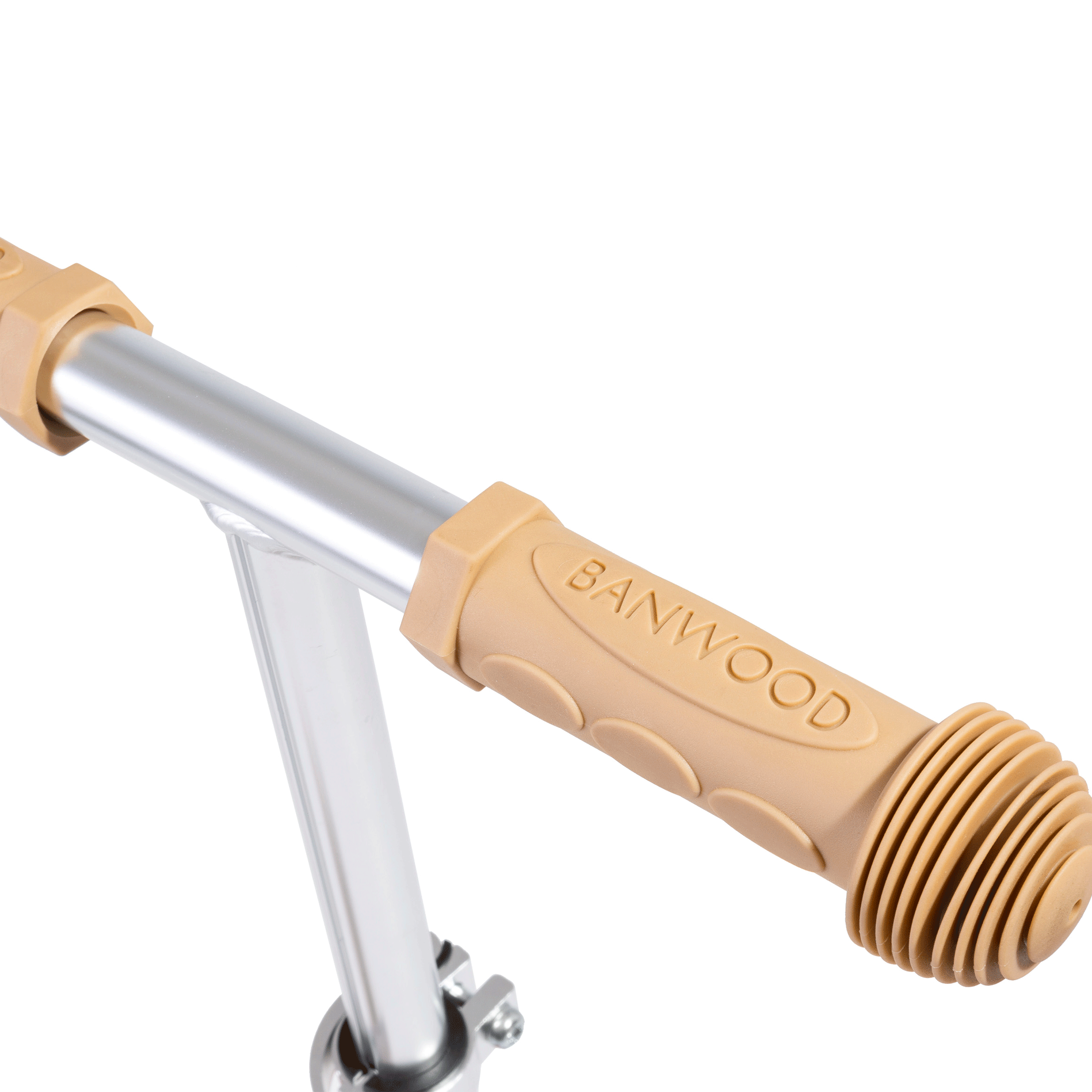 Close-up of the Banwood - Scooter Green's silver handlebar with tan, textured rubber grips embossed with "BANWOOD." The handlebar features Easy Ride Steering and is attached to a chrome stem set against a white background.