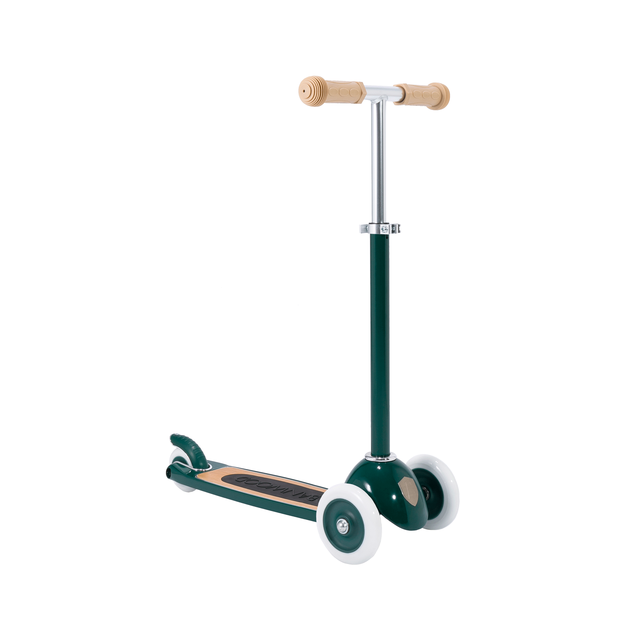 The Banwood - Scooter Green, by BANWOOD, features a wooden deck with beige rubber handles. Its sleek design includes Easy Ride Steering with two front wheels and a smaller rear wheel for a smooth ride.