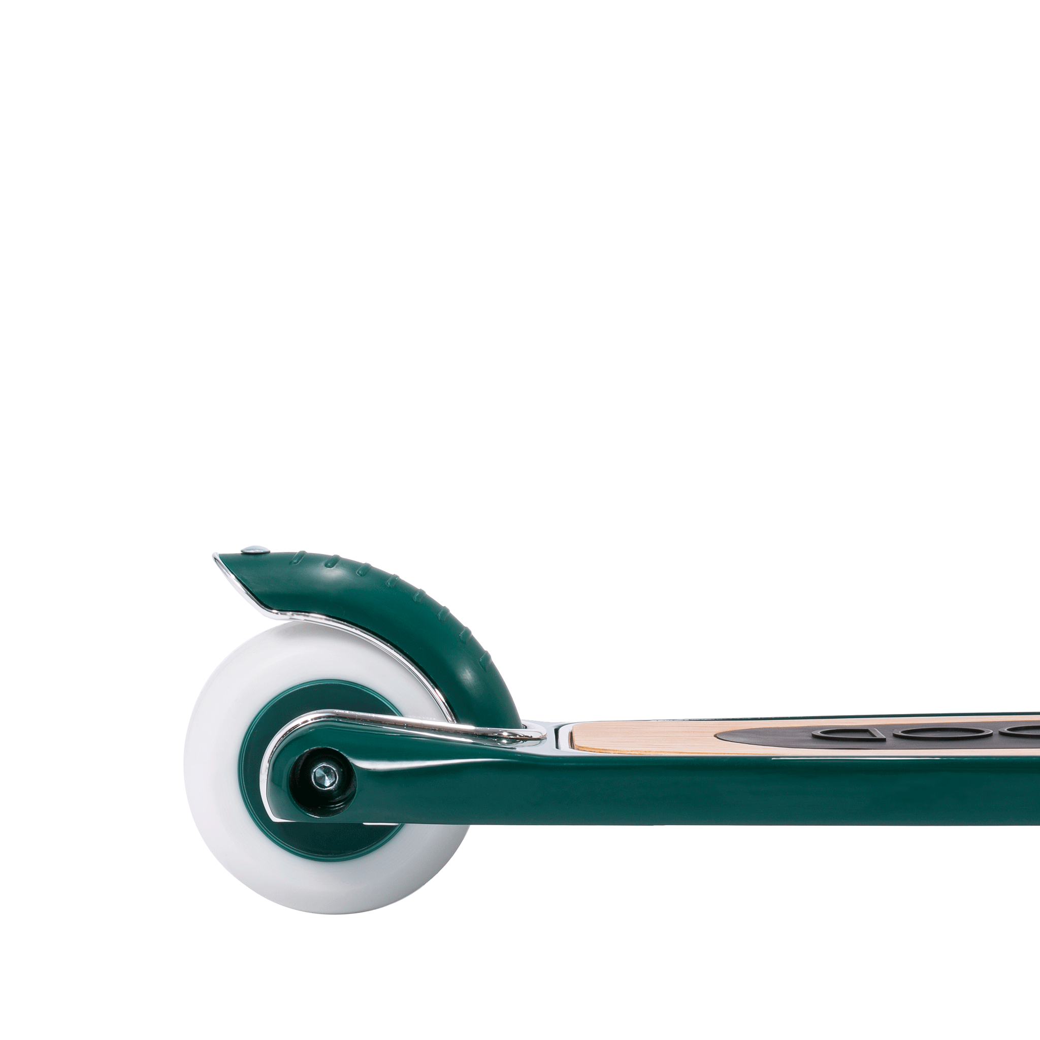 Close-up of the Banwood - Scooter Green's rear wheel and deck in BANWOOD's signature style. The white wheel complements the non-slip deck surface. Photographed on a plain white background, it highlights the scooter's sleek design.
