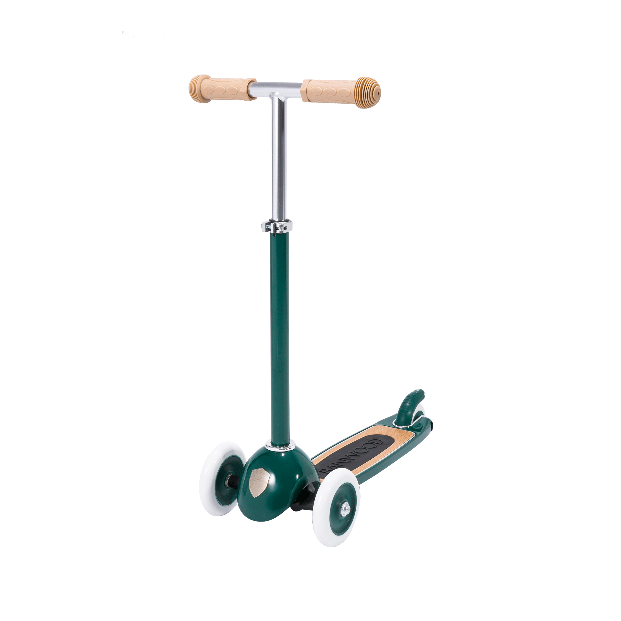 Explore the BANWOOD - Scooter Green, a stylish three-wheeler featuring a wooden handle and deck, with light brown accents. Its Easy Ride Steering system ensures smooth navigation.