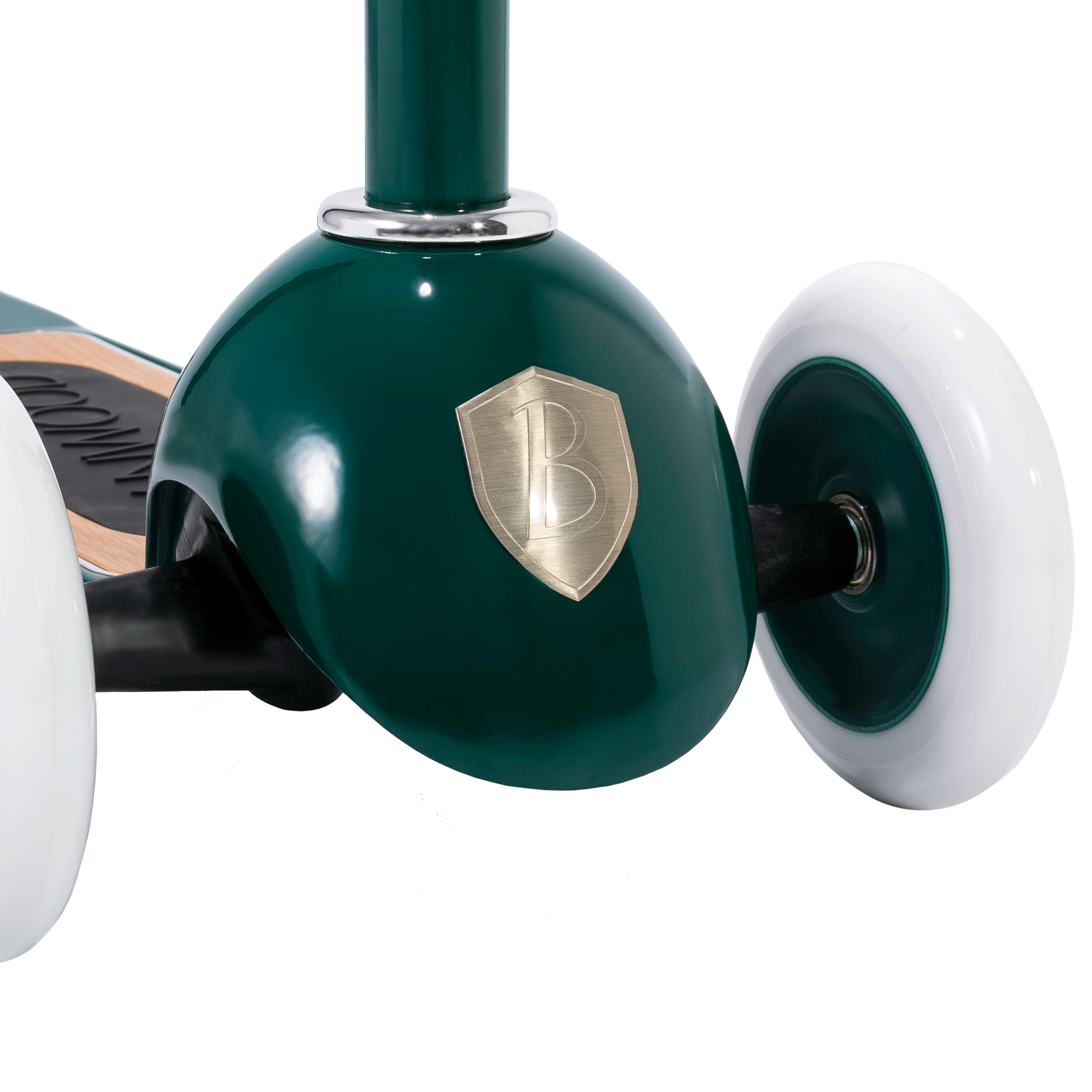 Close-up of a green Banwood - Scooter Green by BANWOOD, highlighting the front wheel with a silver "B" emblem. Features include a wooden platform, white wheels, and Easy Ride Steering for smooth adventures.