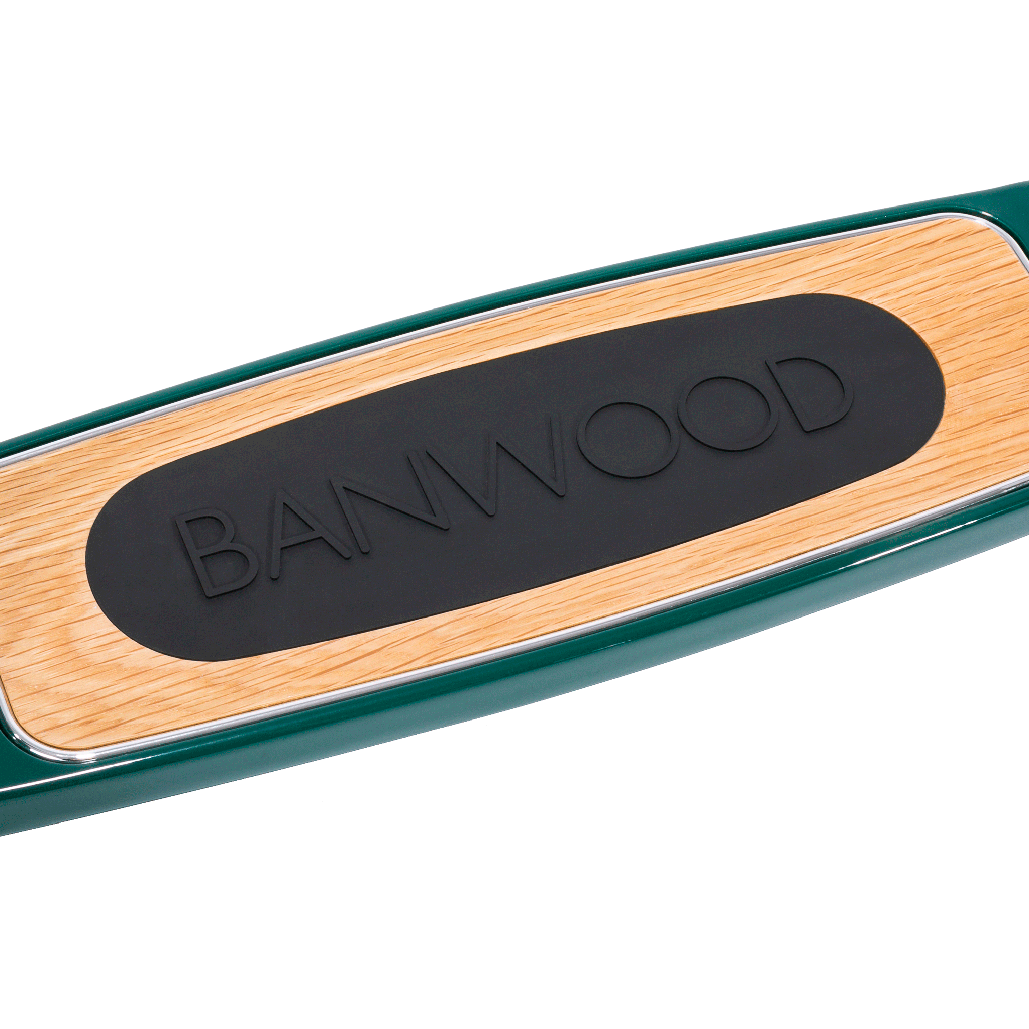 Close-up of a skateboard deck featuring a wooden finish, black grip tape embossed with "BANWOOD," and vibrant green edges reflecting the sleek design of the Banwood - Scooter Green by BANWOOD.