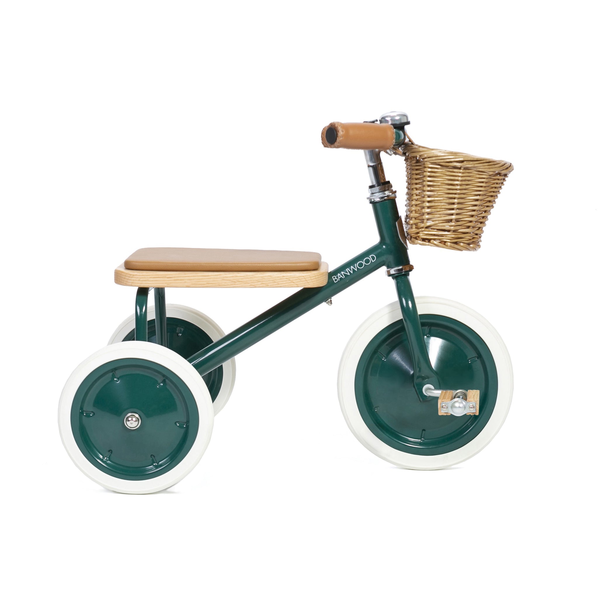 The Banwood - Trike Green by BANWOOD is a toddler tricycle featuring white wheels, a brown wooden seat, leather handle grips, and a front wicker basket. The baby trike is displayed on a plain white background.