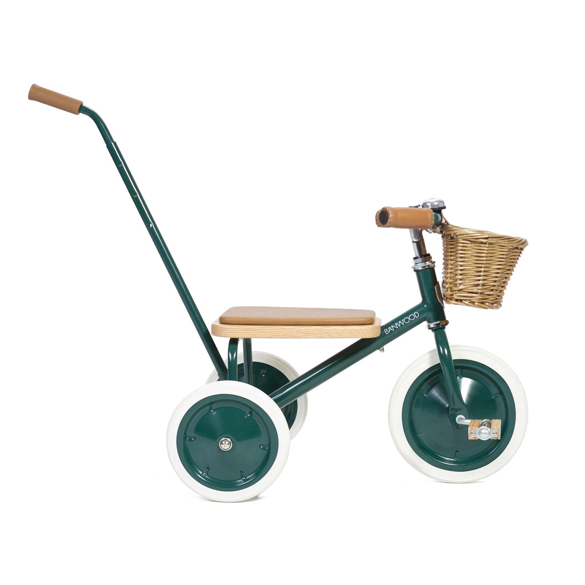 The Banwood - Trike Green by BANWOOD is a charming baby trike with a wooden seat, push handle, white tires, and a wicker basket on the handlebars.