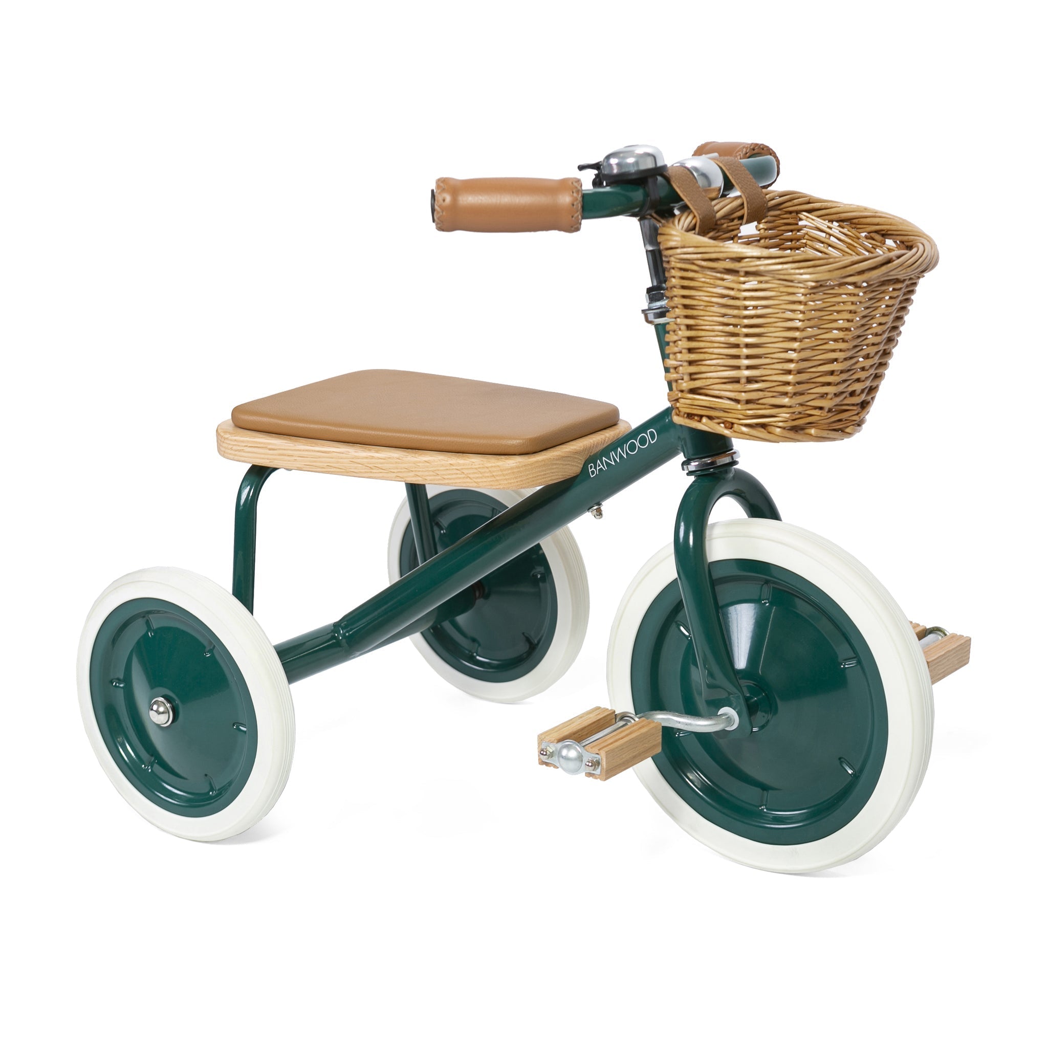 The Banwood Trike Green by BANWOOD features a light brown seat, white wheels, and wooden pedals. It includes a charming front wicker basket on the handlebars, ideal for little adventures.
