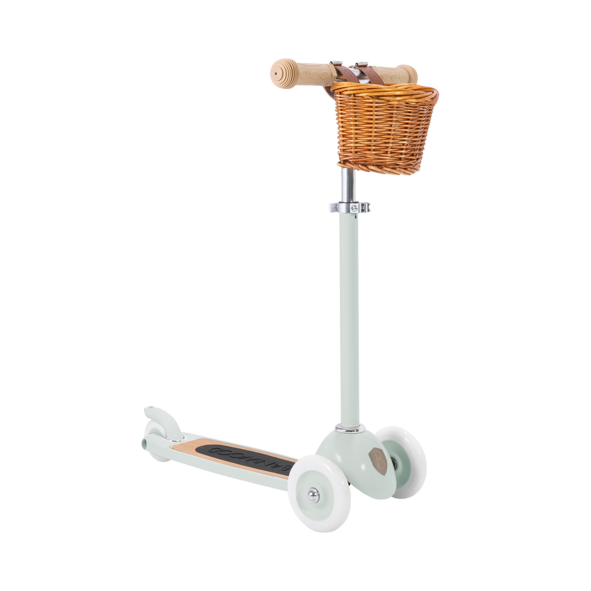 The Banwood Scooter Mint by BANWOOD is a pastel green retro scooter for kids, featuring three wheels, a wooden footboard, and a natural-toned wicker basket on the handlebar. The Easy Ride Steering System ensures smooth journeys for little adventurers.