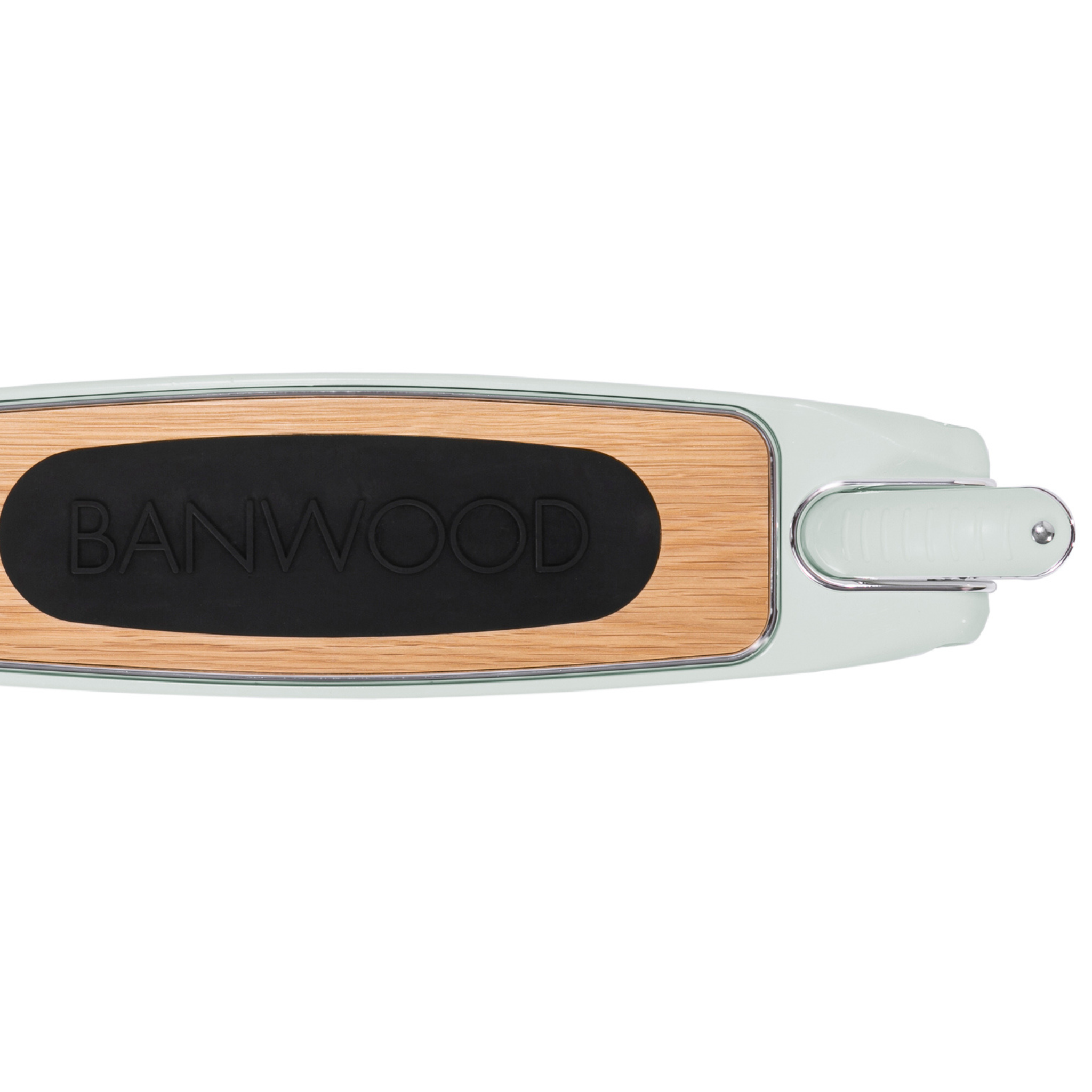 The top view of the Banwood - Scooter Mint showcases a light wooden deck with a black grip pad featuring "BANWOOD" in raised letters. Outlined by a light-colored frame, it includes an Easy Ride Steering System ideal for kids, with the rear fender visible at the end.
