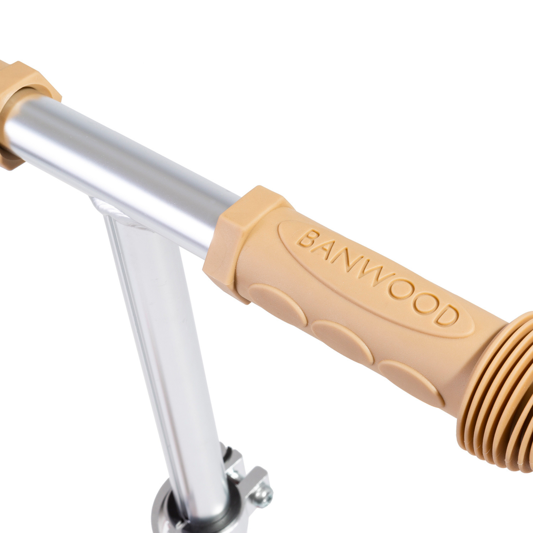 Close-up of the Banwood - Scooter Mint handlebar, showcasing tan rubber grips with "BANWOOD" embossed. The shiny silver metal stem enhances stability, making it an ideal kids' three-wheel kick scooter for better balance and coordination.