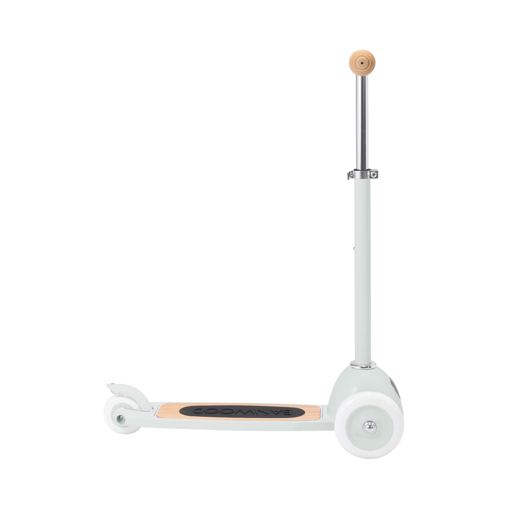 The Banwood - Scooter Mint by BANWOOD features a retro design with a wooden platform and white wheels. It showcases a sleek T-shaped handlebar and an Easy Ride Steering System for enhanced balance and coordination in its side profile view.