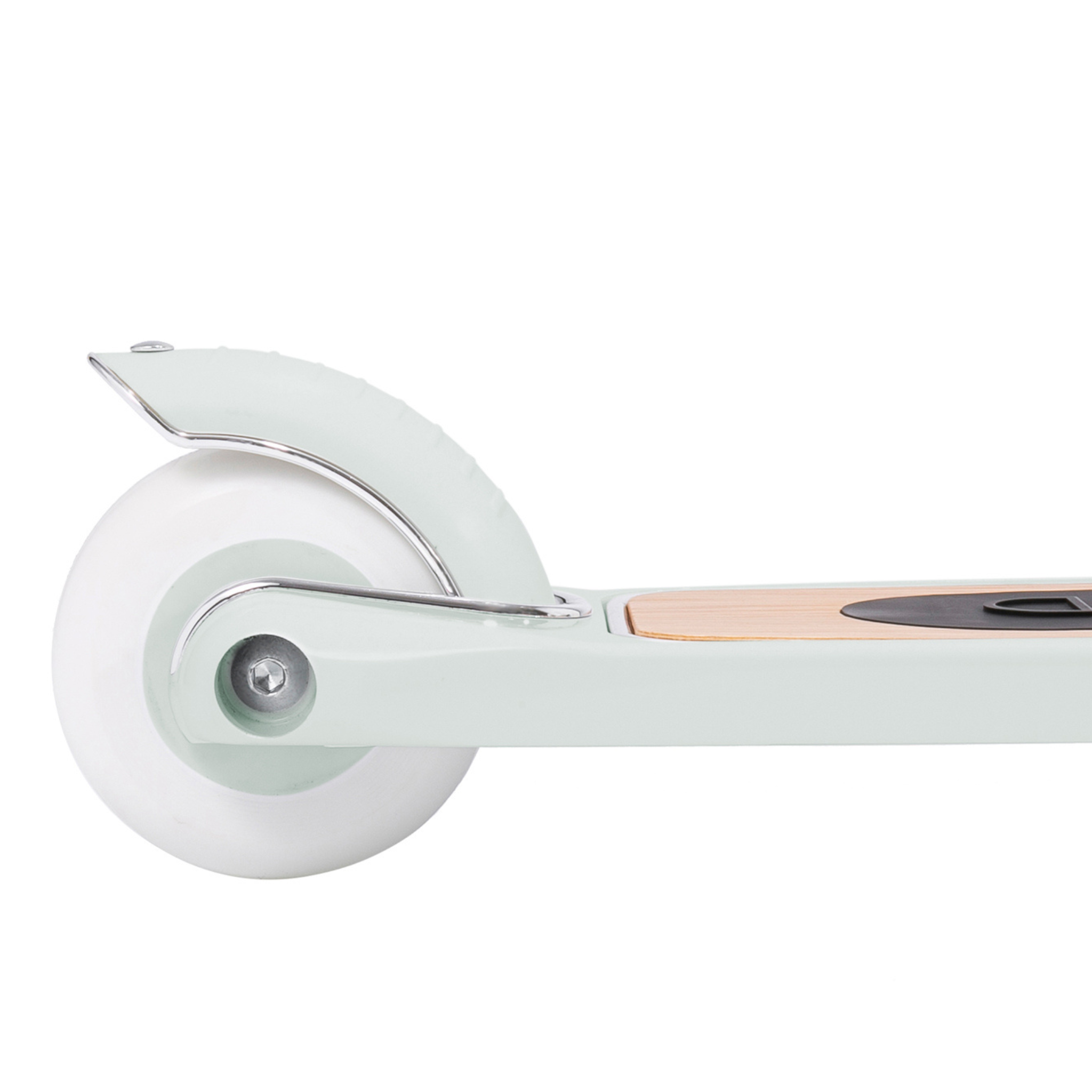 The Banwood - Scooter Mint from BANWOOD showcases a modern three-wheel design with a white wheel, minimalist fender, and light wood deck with a pale frame. Featuring the Easy Ride Steering System, it offers improved balance and coordination for kids in a clean and stylish design.
