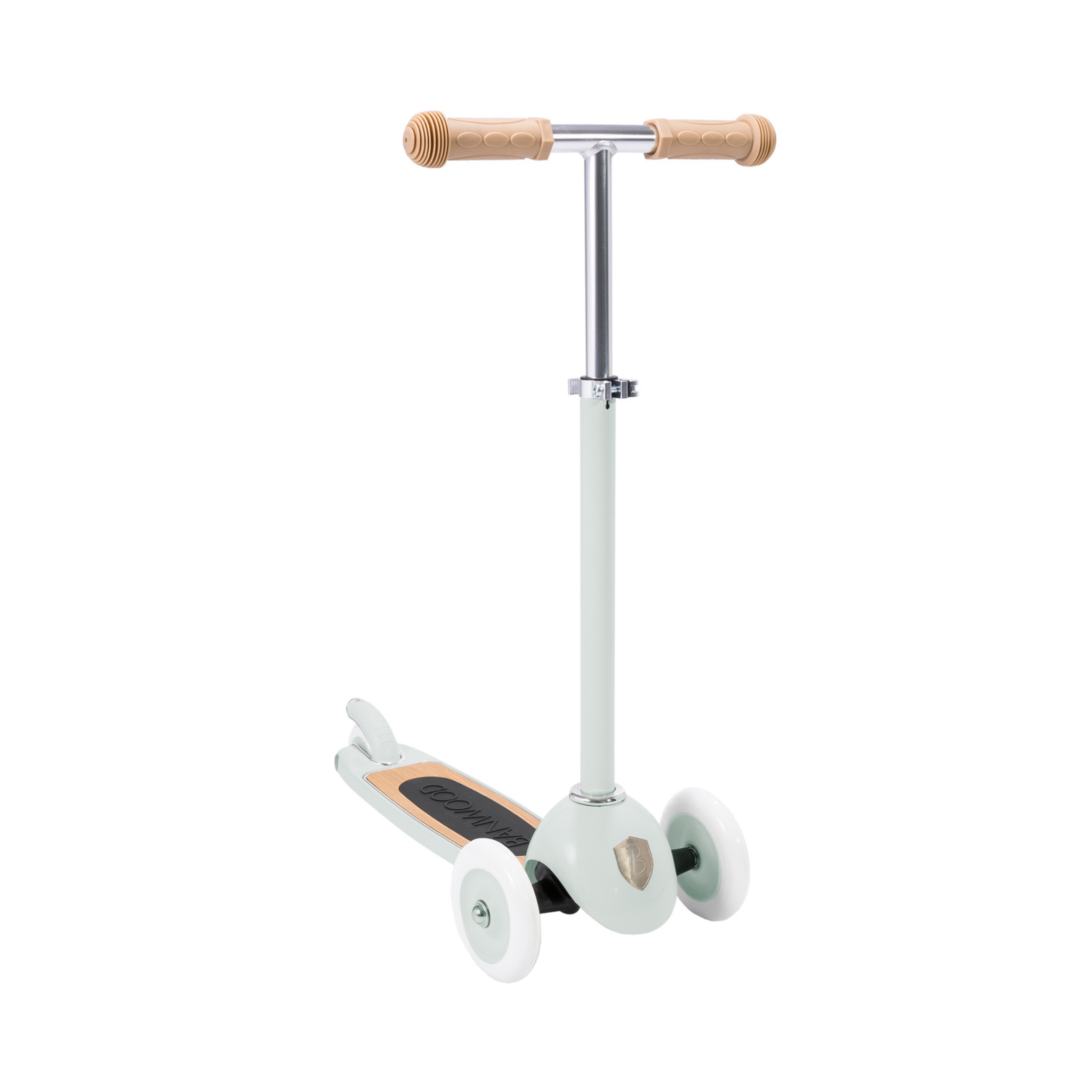 The Banwood - Scooter Mint from BANWOOD features a mint green design with a silver handlebar, tan grips, and Easy Ride Steering System for better balance. This three-wheel kick scooter has two front white wheels and a wooden deck with a black grip strip.