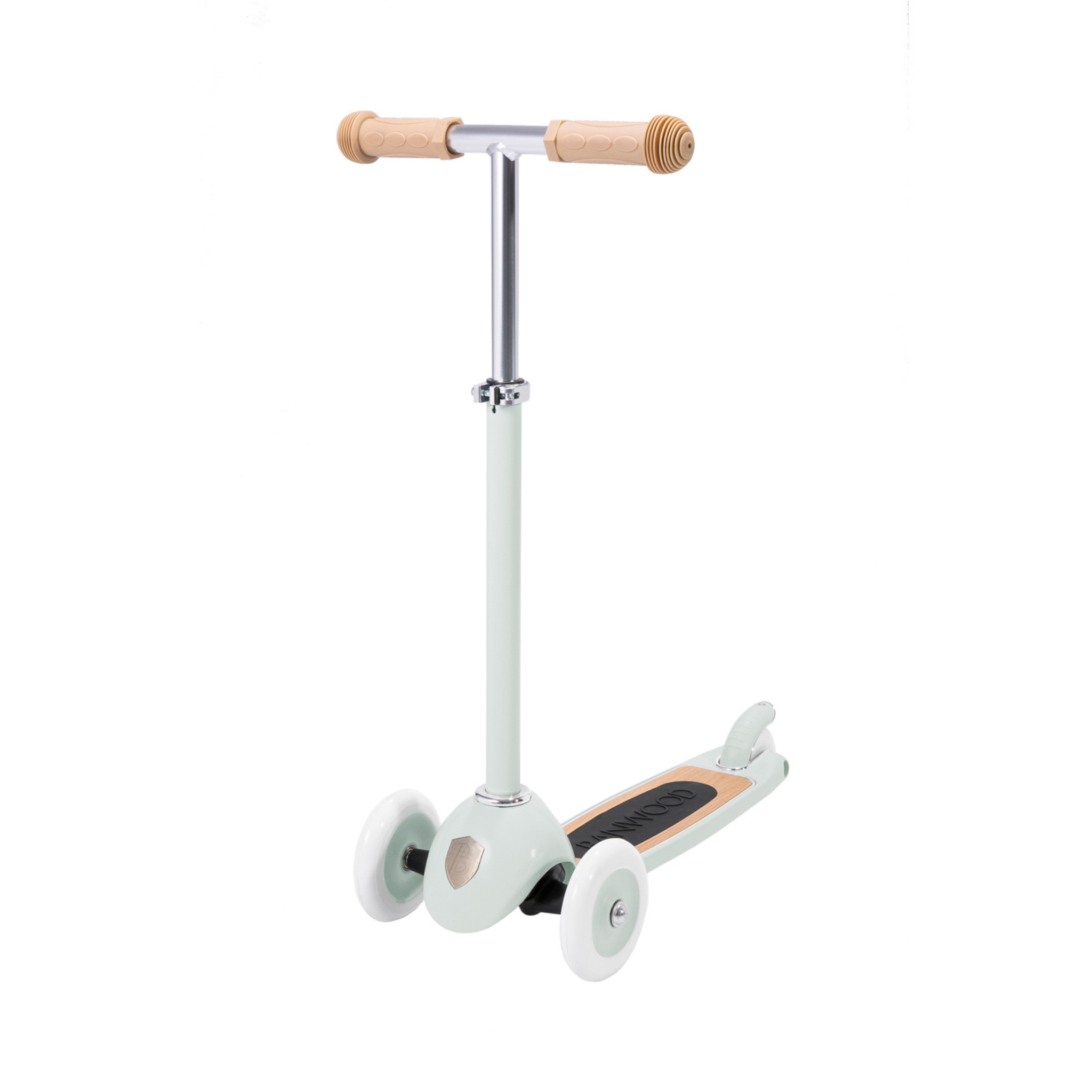 The Banwood - Scooter Mint by BANWOOD is a pastel-colored, three-wheel kick scooter for kids. It has two white front wheels, a wooden-textured deck, and T-bar handle with light brown grips. Its Easy Ride Steering System ensures improved balance and coordination in a minimalist style.