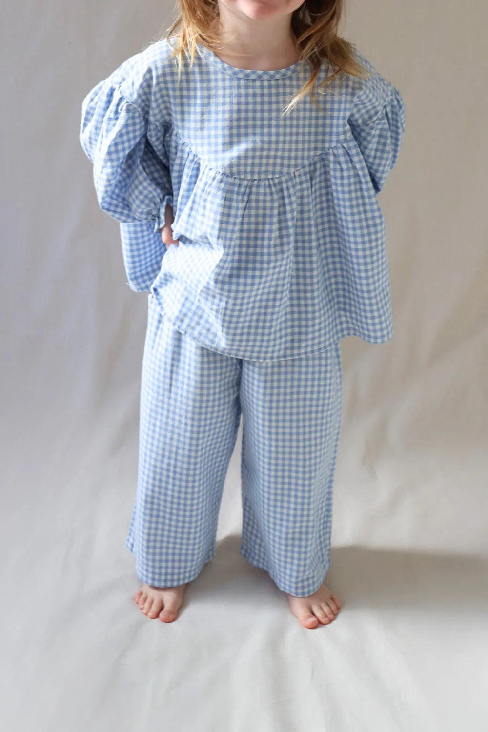 Worn Curations - Gingham Bloom Blouse Cornflower
