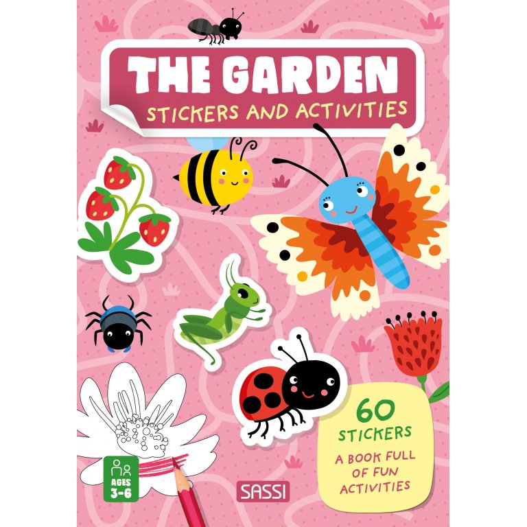 The SASSI "Stickers and Activities Book The Garden" features a vibrant cover with garden animals like bees, butterflies, and ladybugs among strawberries. It's ideal for children aged 3+, offering 60 stickers and activities to inspire young imaginations.