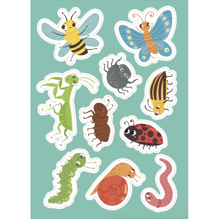 The "Stickers and Activities Book The Garden" by SASSI features vibrant cartoon insect stickers like bees, butterflies, and caterpillars on a light teal backdrop. Suitable for kids aged three plus, each character has a playful look and white border, perfect for any activity book.