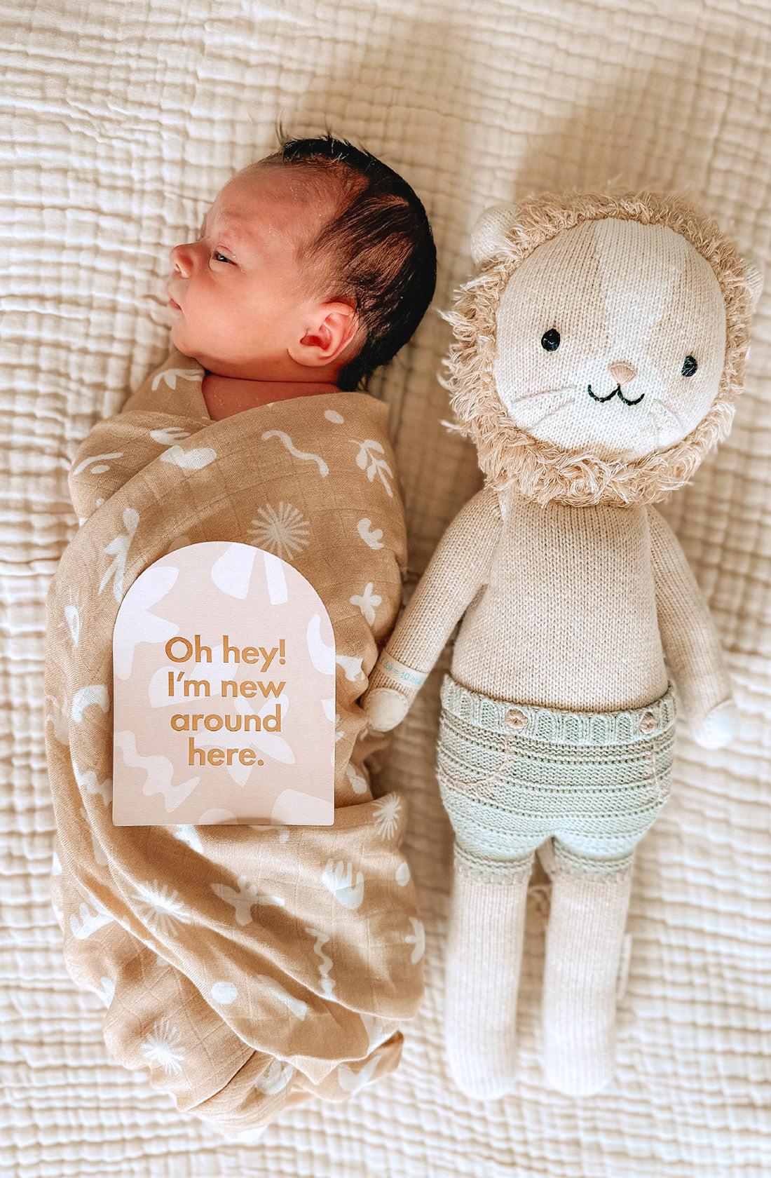 A newborn swaddled in a tan blanket lies on a cream quilt beside a knit lion toy. A FOX & FALLOW - Baby Milestone Cards Helios card reads, “Oh hey! I’m new around here.”.
