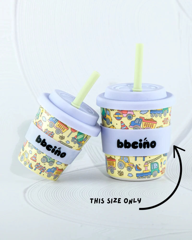 Two BBCINO BBcino - Reusable BambinoCino Cup 240ml Dig It cups with playful cartoon designs and light purple lids, each including a straw. The right cup is marked "THIS SIZE ONLY." An eco-friendly choice for kids!.