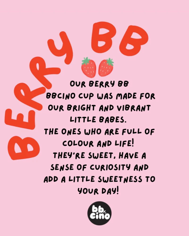 Pink graphic featuring bold red “BERRY BB” text, two strawberries, and black text describing BBcino’s 240ml reusable kids’ cup—fun, colorful, and made from sustainably farmed bamboo. BBCINO logo appears at the bottom.