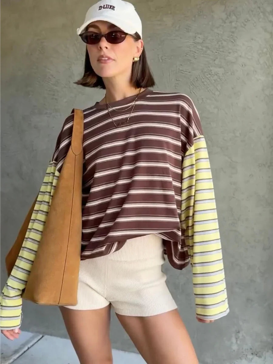 Tiny Trove - Women's Kennedy Stripe Long Sleeve Tee - Brown/Yellow Stripe