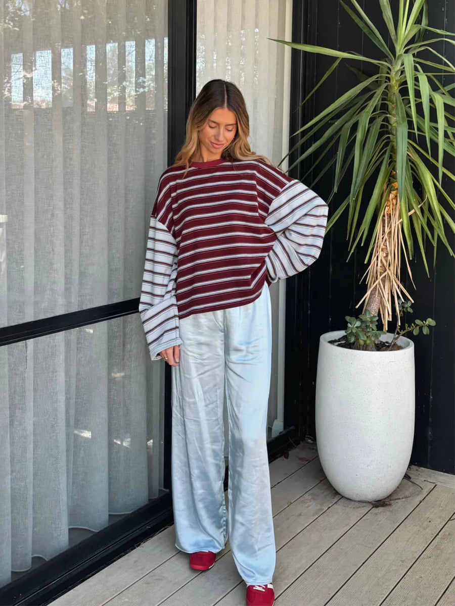 Tiny Trove - Women's Kennedy Stripe Long Sleeve Tee - Maroon/Blue Stripe