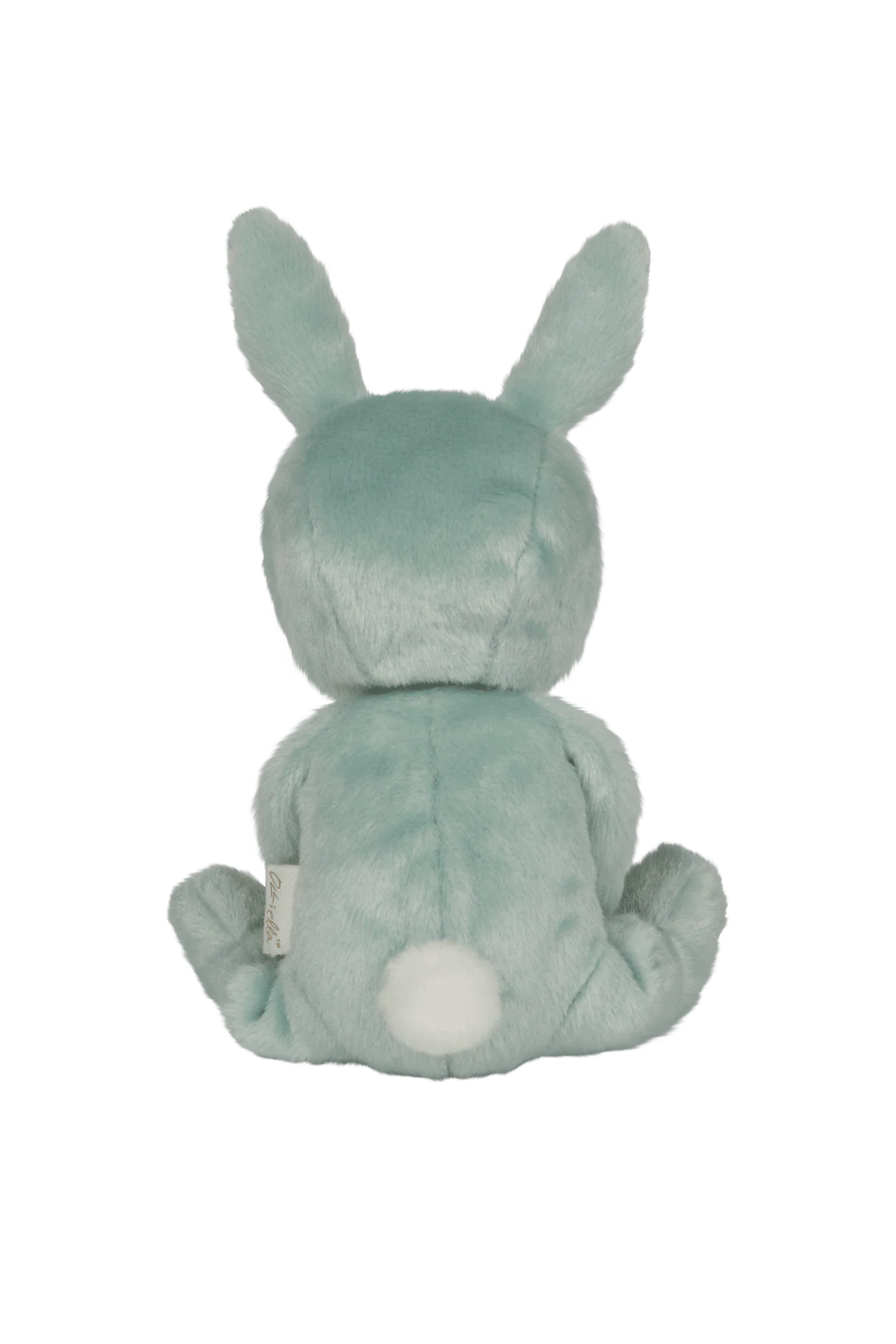 The OLLI ELLA Dinky Dinkum Biscuit Bunny, a plush turquoise rabbit, is posed with its back to the viewer. It features long ears, a round tail, and is crafted from soft material.