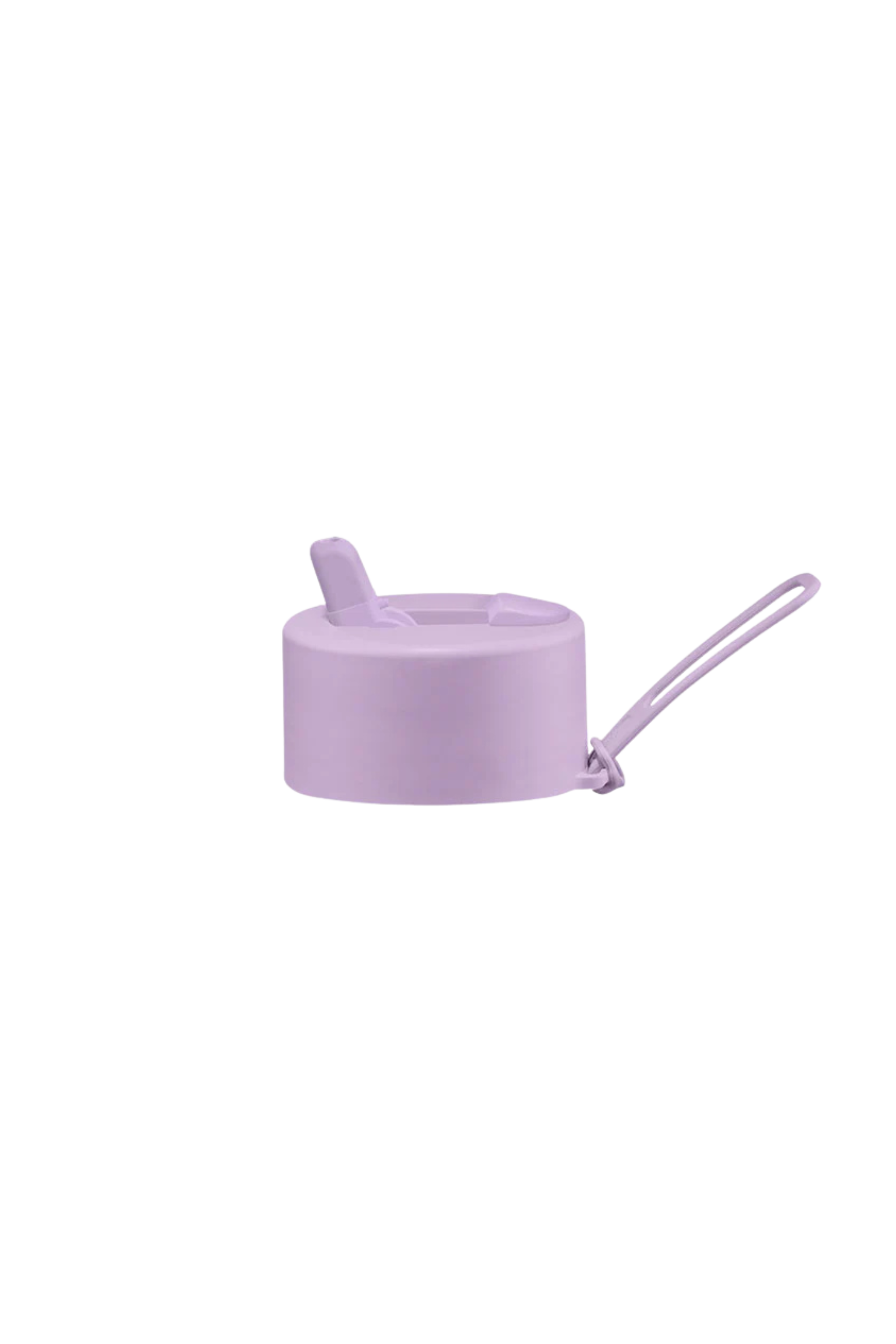 The FRANK GREEN Flip Straw Lid & Strap Pack in Lilac Haze features a lavender lid with a flip-up straw, silicone mouthpiece, and carrying loop for easy one-handed hydration; shown isolated on a white background.
