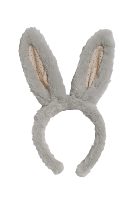 Introducing the OLLI ELLA Fluffle Bunny Ear Headband Smoke: a gray furry accessory with tall, posable rabbit ears lined in polka dot fabric, perfect for sparking playful imagination.