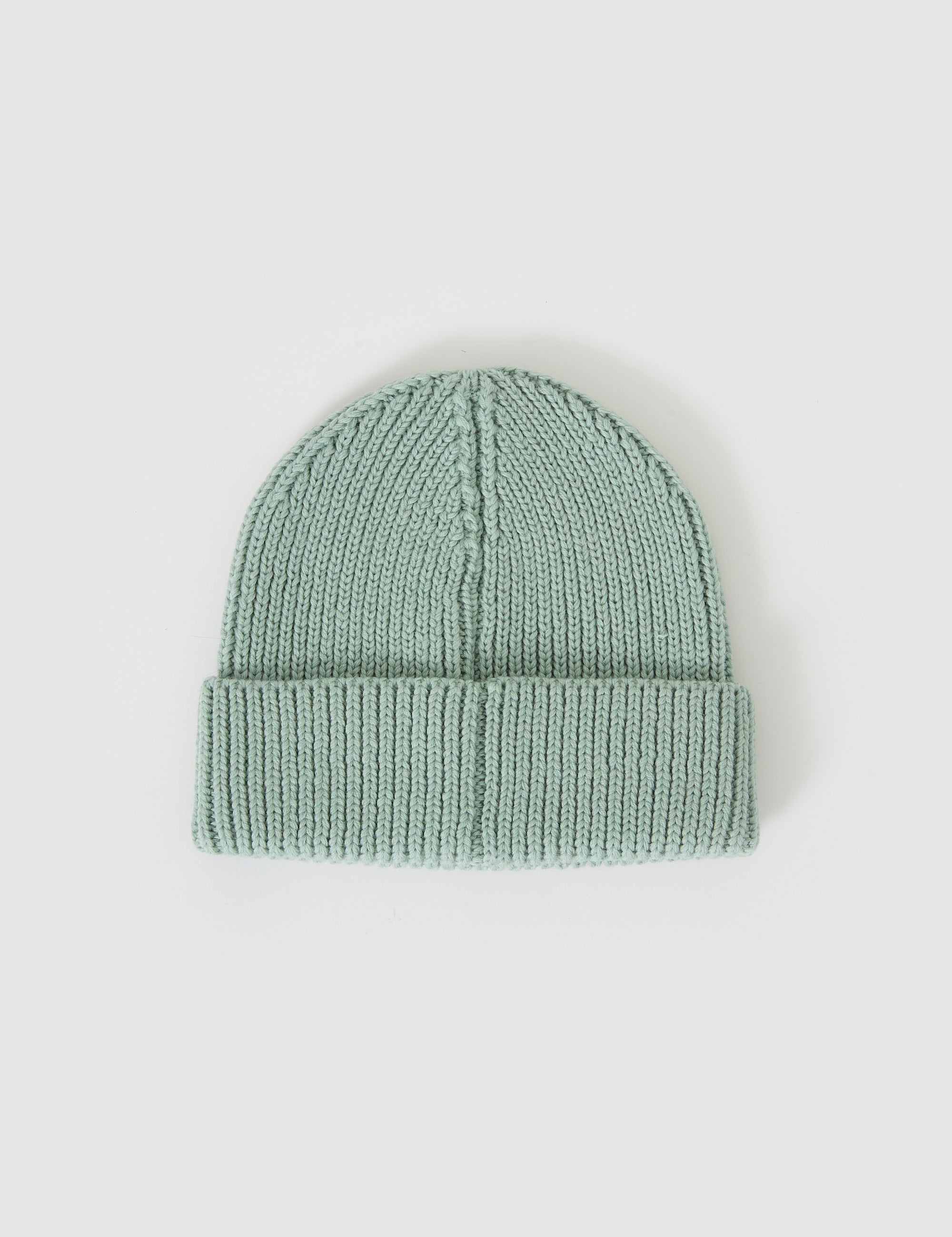 The Goldie + Ace Wool Beanie Mint by GOLDIE + ACE is shown on a white backdrop, featuring its charming rib knit pattern. This soft merino wool beanie in mint green has a folded brim, offering a cozy touch.