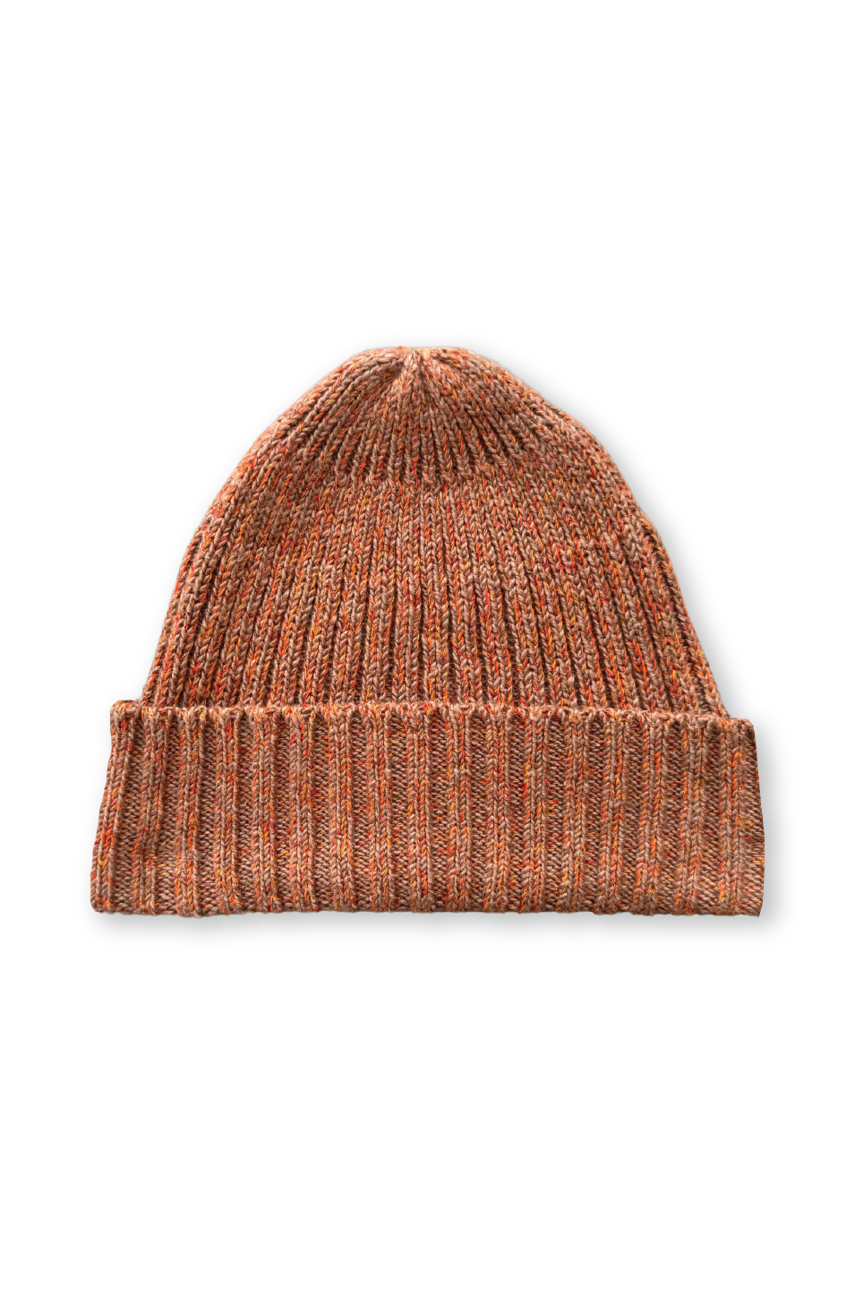 The GROWN Fleck Yarn Pixie Beanie in Tawny is a chunky rib knit hat made from recycled polyester, featuring a vibrant orange hue and a stylish folded brim.