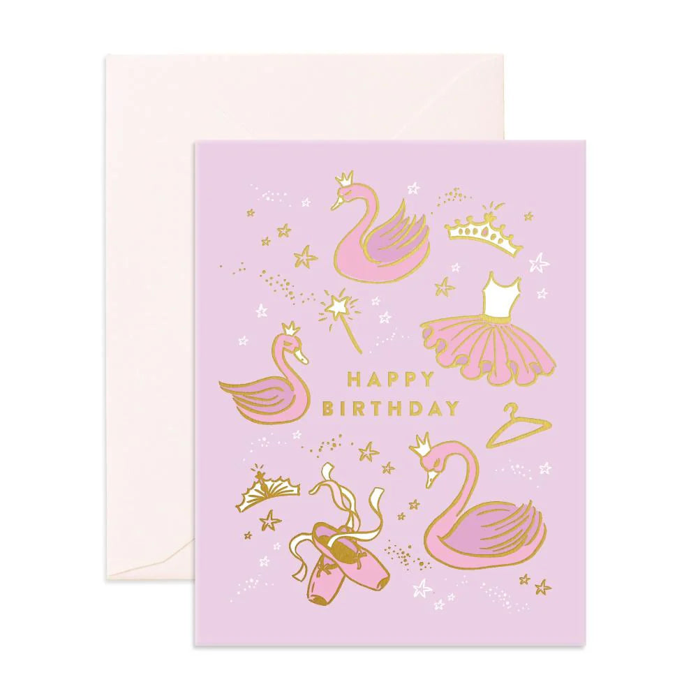 The Fox & Fallow - Happy Birthday Ballet Greeting Card by FOX & FALLOW features pastel pink foil, gold swan and ballet motifs, “Happy Birthday” in gold text, and includes a white envelope. Proudly made in Australia.