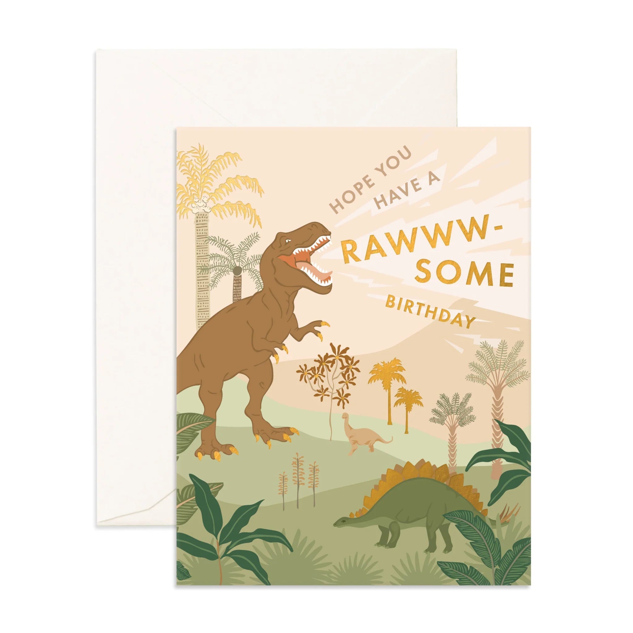 The Fox & Fallow - Rawww-some Birthday Dinos Greeting Card by FOX & FALLOW features foil dinosaurs and tropical plants, with a T. rex and Stegosaurus, plus “Hope you have a RAWWW-SOME birthday.” Includes white envelope. Made in Australia.