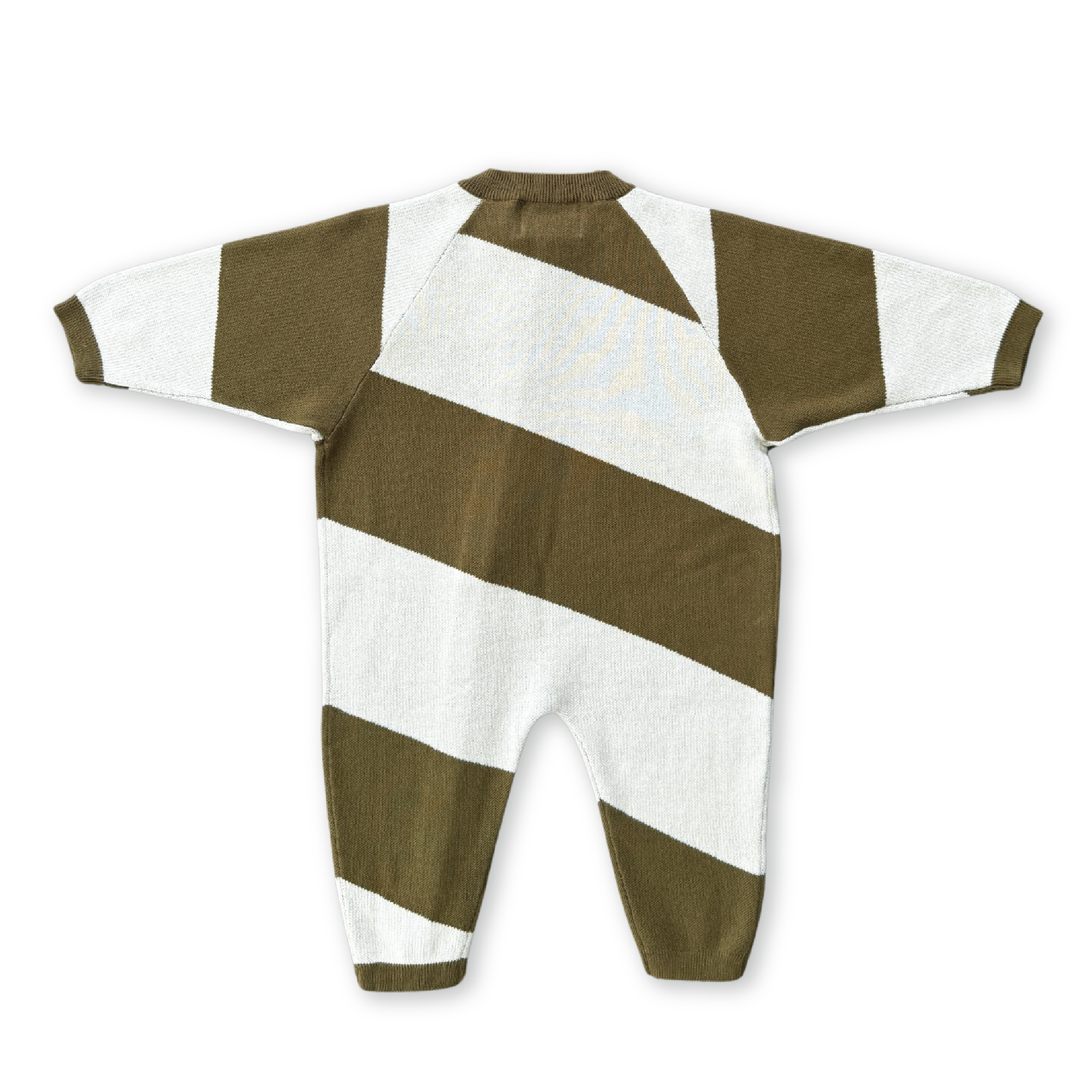 The GROWN Organic Essential Zip Starsuit Coffee Stripe is a baby jumpsuit with long sleeves and legs, featuring wide coffee brown and white stripes. Made from soft organic cotton for comfort and peace of mind.