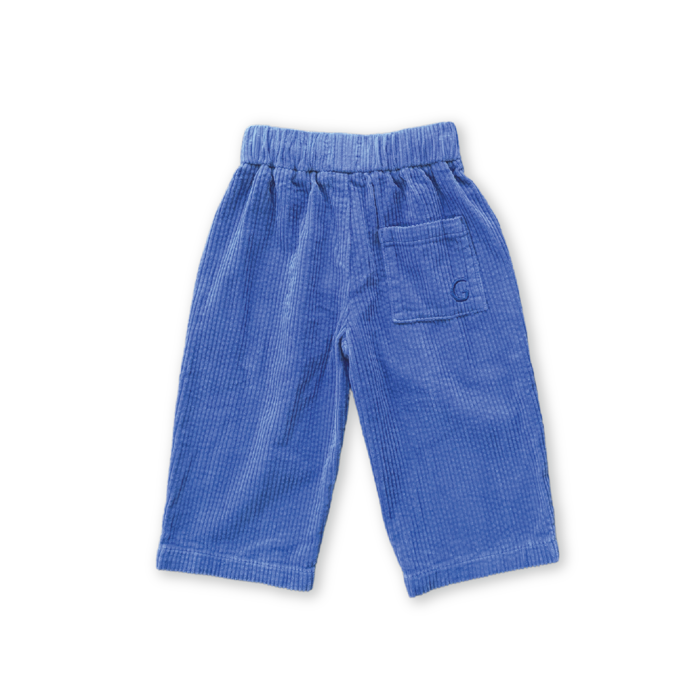 GROWN's Organic Relaxed Cord Pant Sea: blue corduroy toddler pants made from organic cotton, featuring a relaxed fit, elastic waistband, and single back pocket, shown on a black background.
