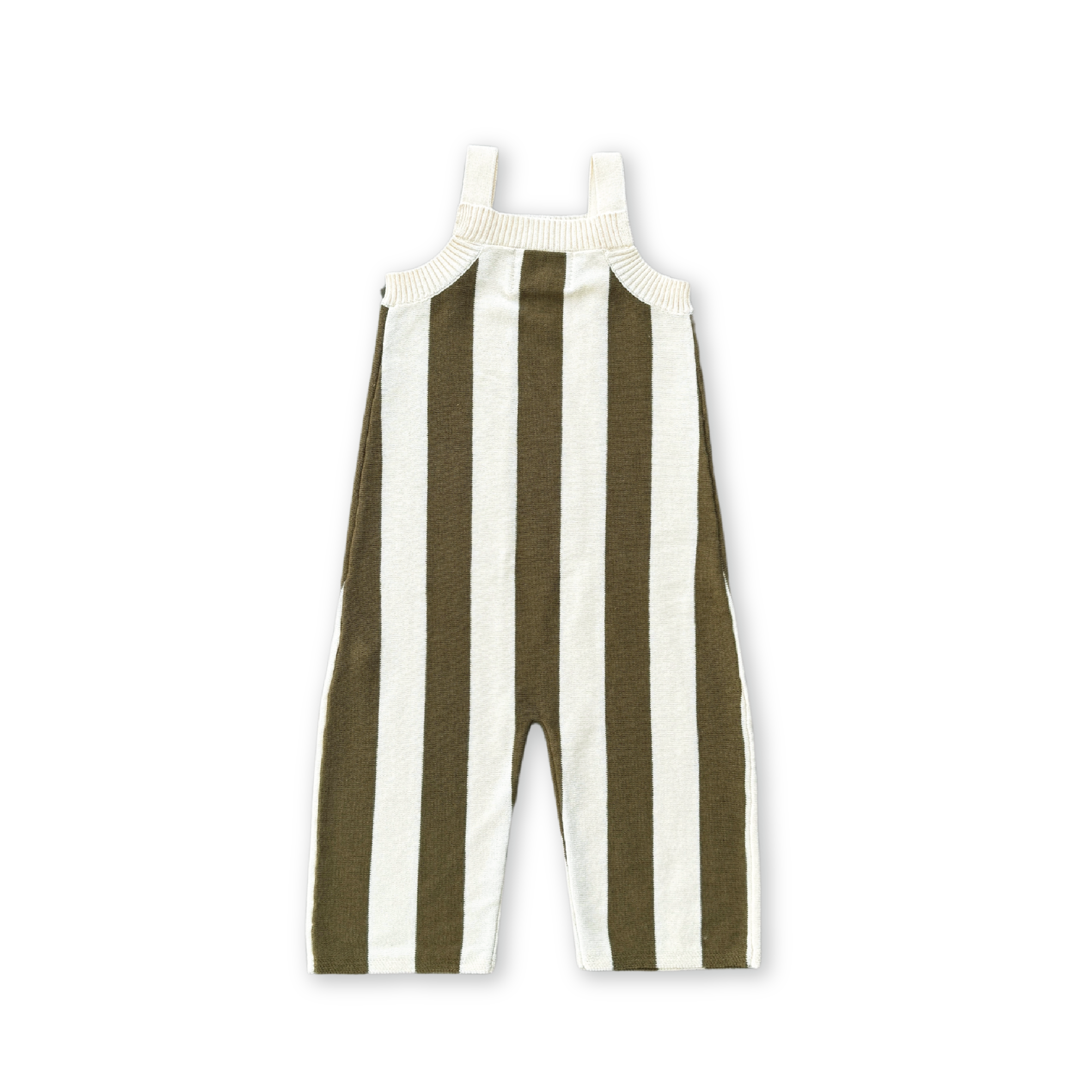 GROWN's Grown - Vertical Stripe Knit Overalls are sleeveless with wide, adjustable straps and feature vertical olive green and cream stripes, shown flat on a black background.