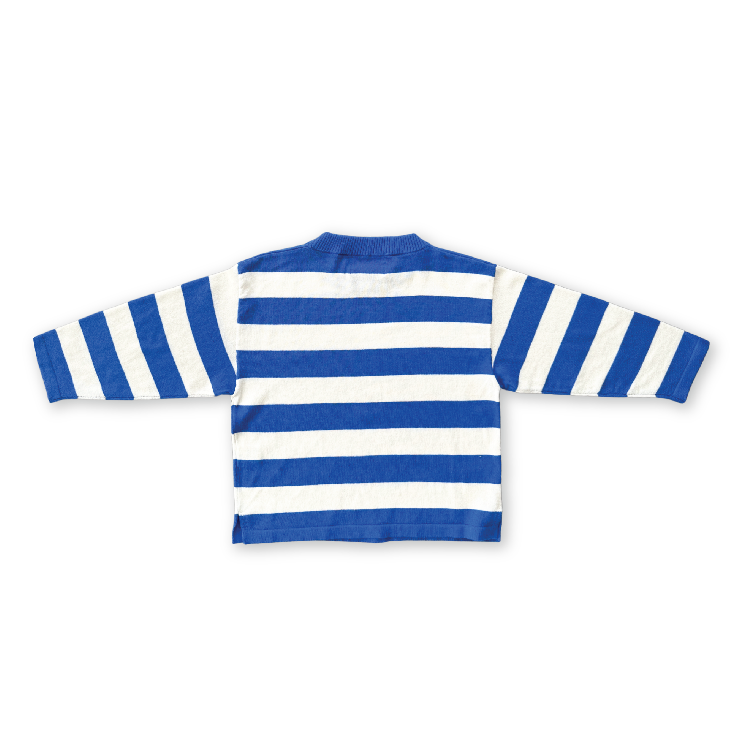 The GROWN - Stripe Long Sleeve Tee by GROWN features lightweight jersey fabric with yarn dyed blue and white stripes, displayed laid flat with the back facing up on a black background.