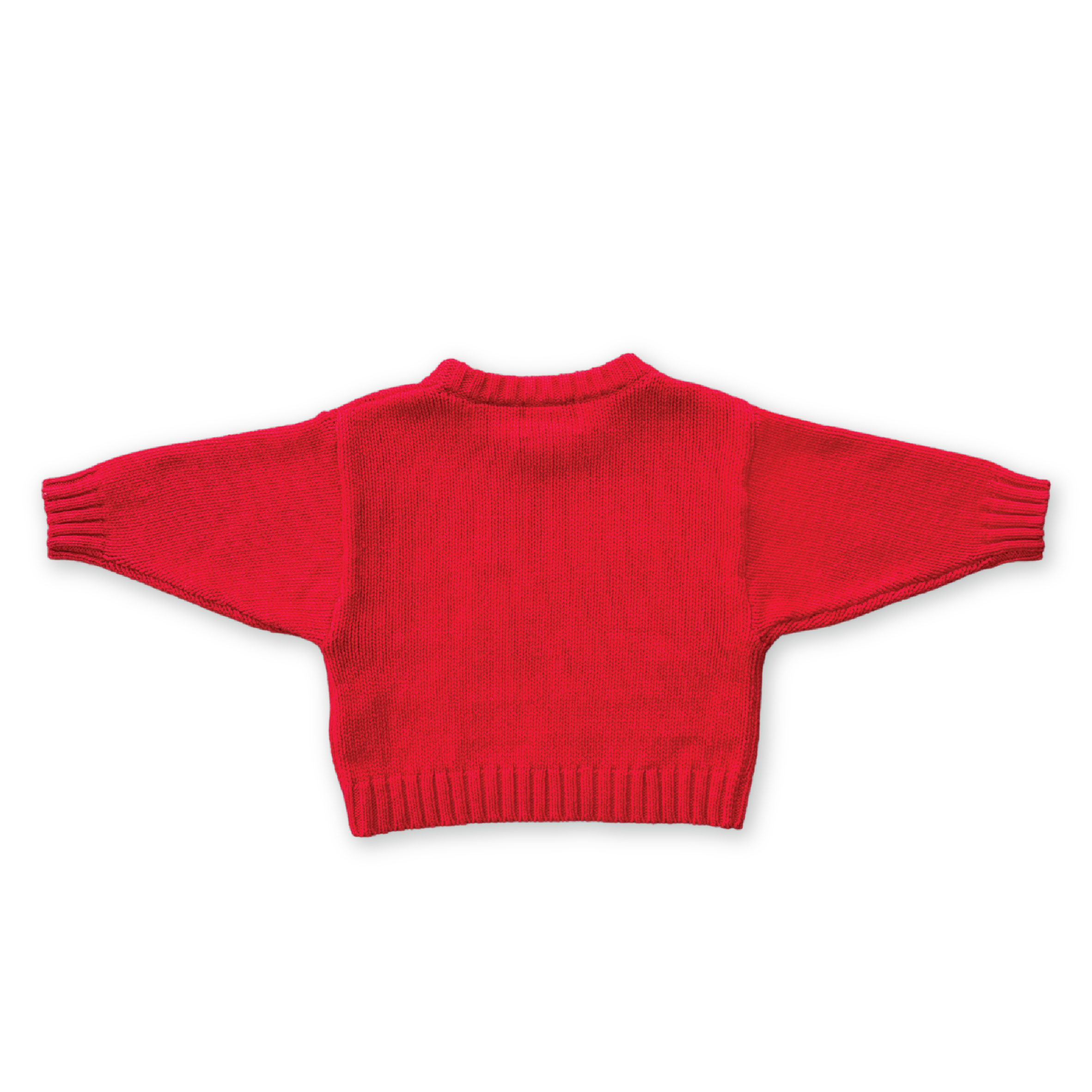 The GROWN Merino Blend Everyday Pull Over Flame, a vibrant red long-sleeved sweater, is displayed flat on a black background with the back facing up and arms spread horizontally.