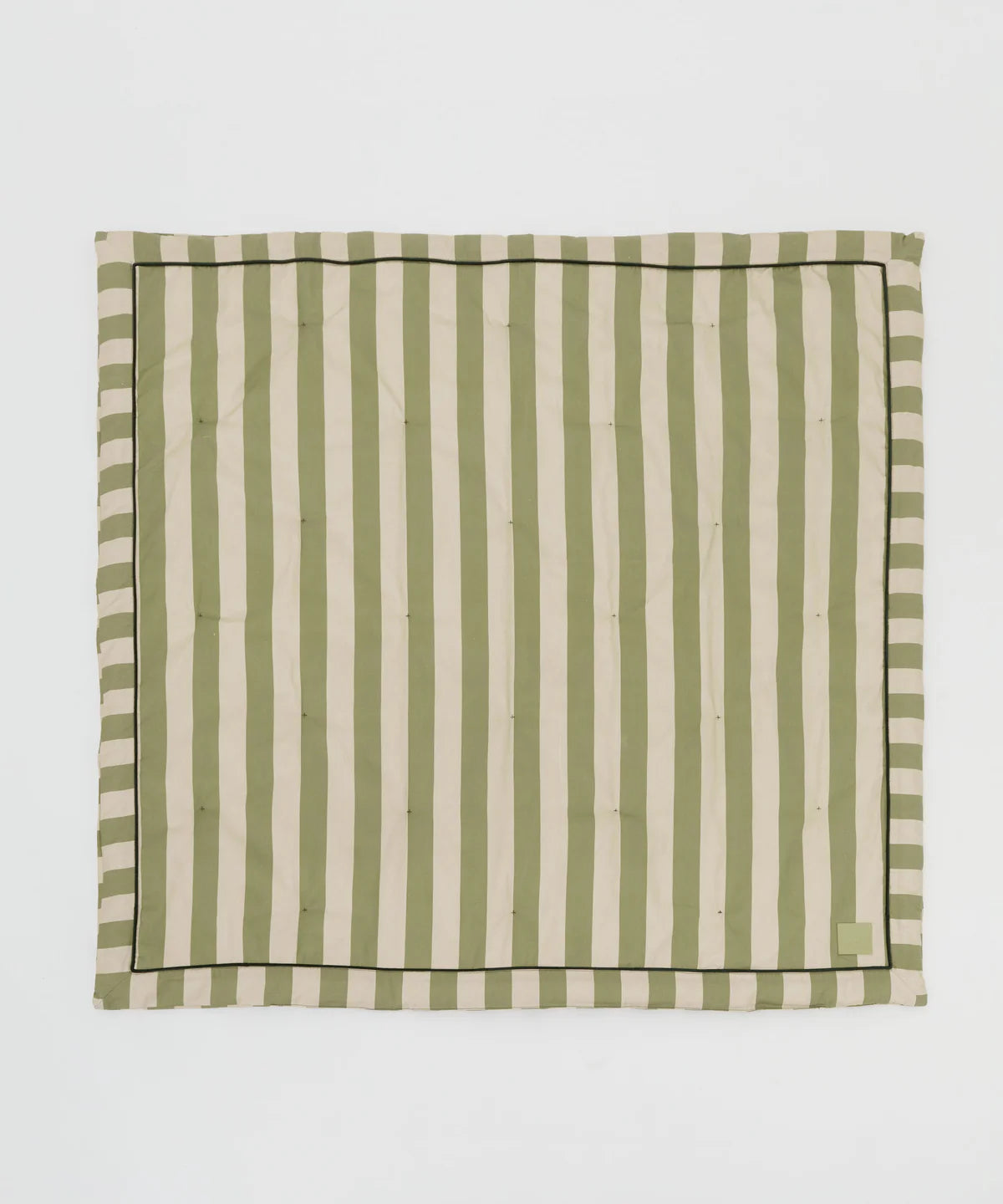 The PHILÉ - Striped Play Mat Green features vertical olive green and beige stripes, a slim black border, and soft OEKO-TEX cotton for an eco-friendly, comfy addition to your child's space. Shown flat on a white background.